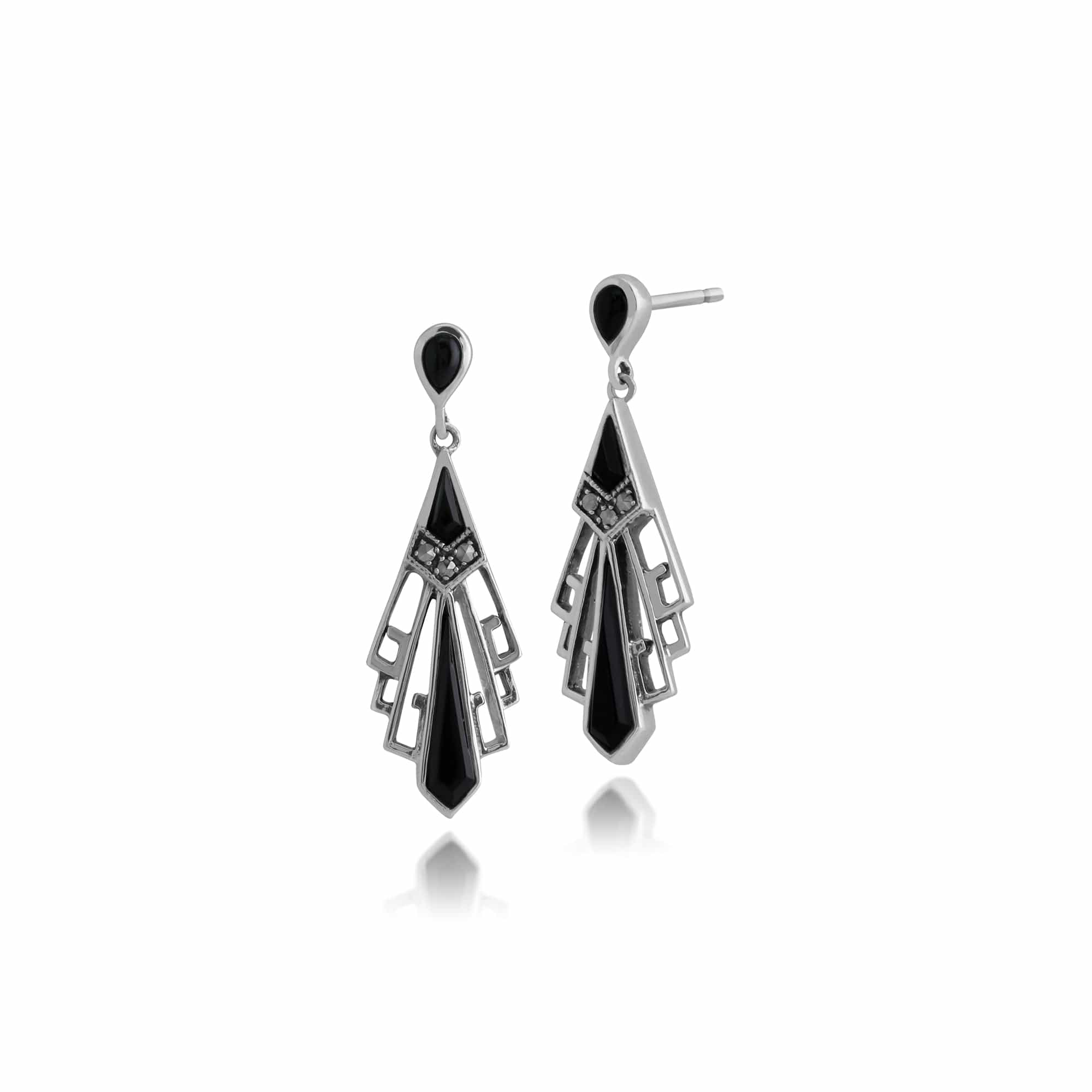 Art Deco Style Round Black Onyx & Marcasite Fan Drop Earrings in 925 Sterling Silver - Gemondo