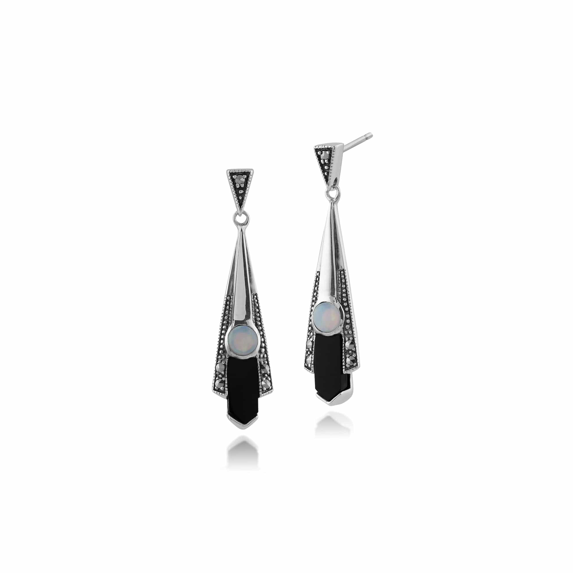 Drop Earrings Art Deco Style Opal Black Onyx Silver