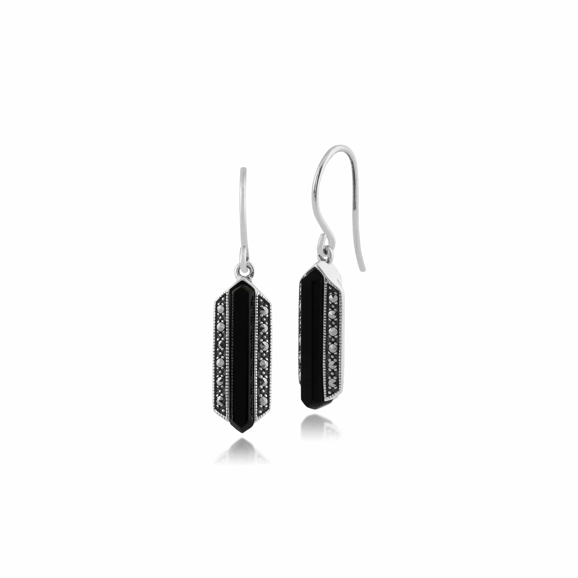 Gemondo 925 Sterling Silver Art Deco Black Onyx & Marcasite Drop Earrings Image