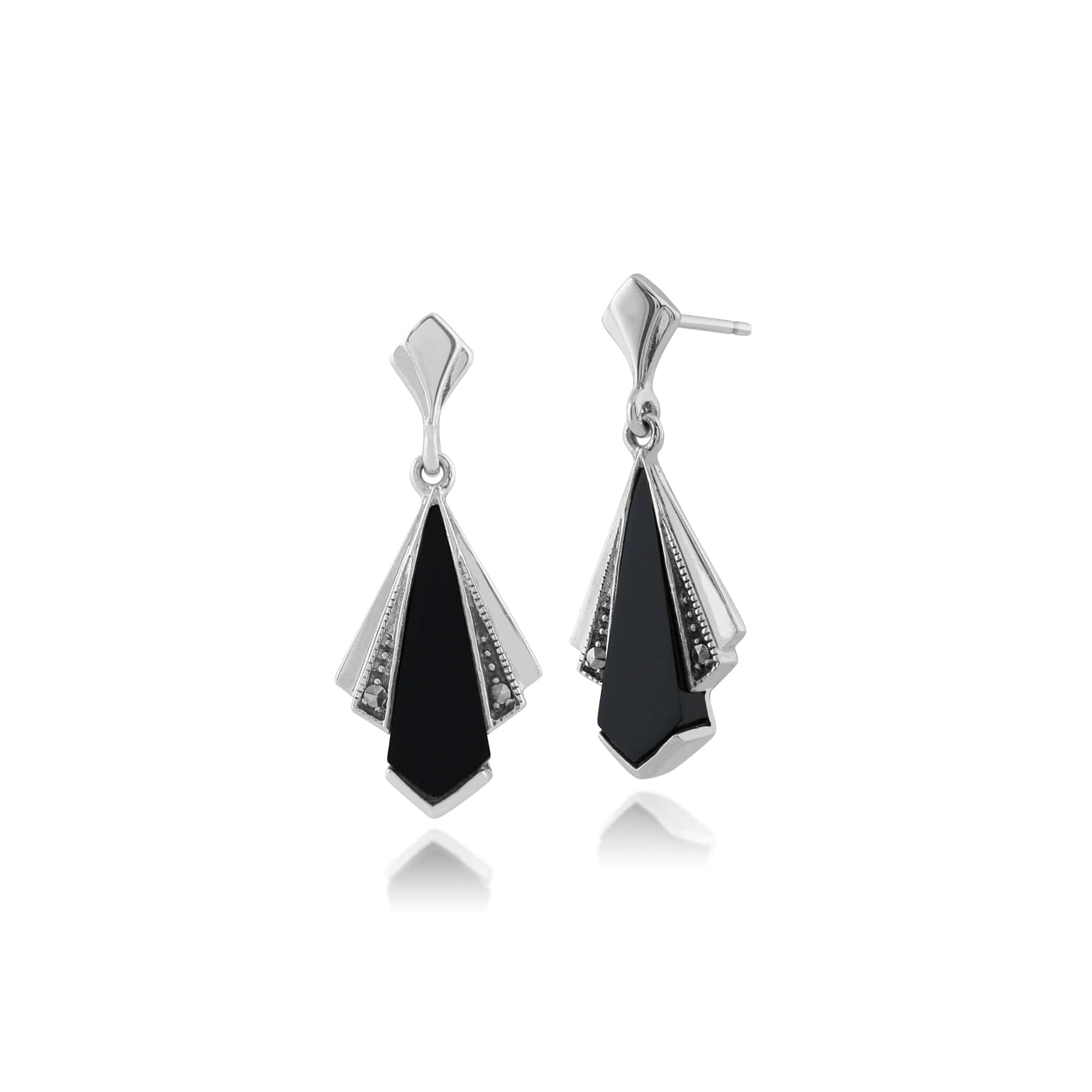 Art Deco Style Black Onyx & Marcasite Fan Drop Earrings in 925 Sterling Silver - Gemondo