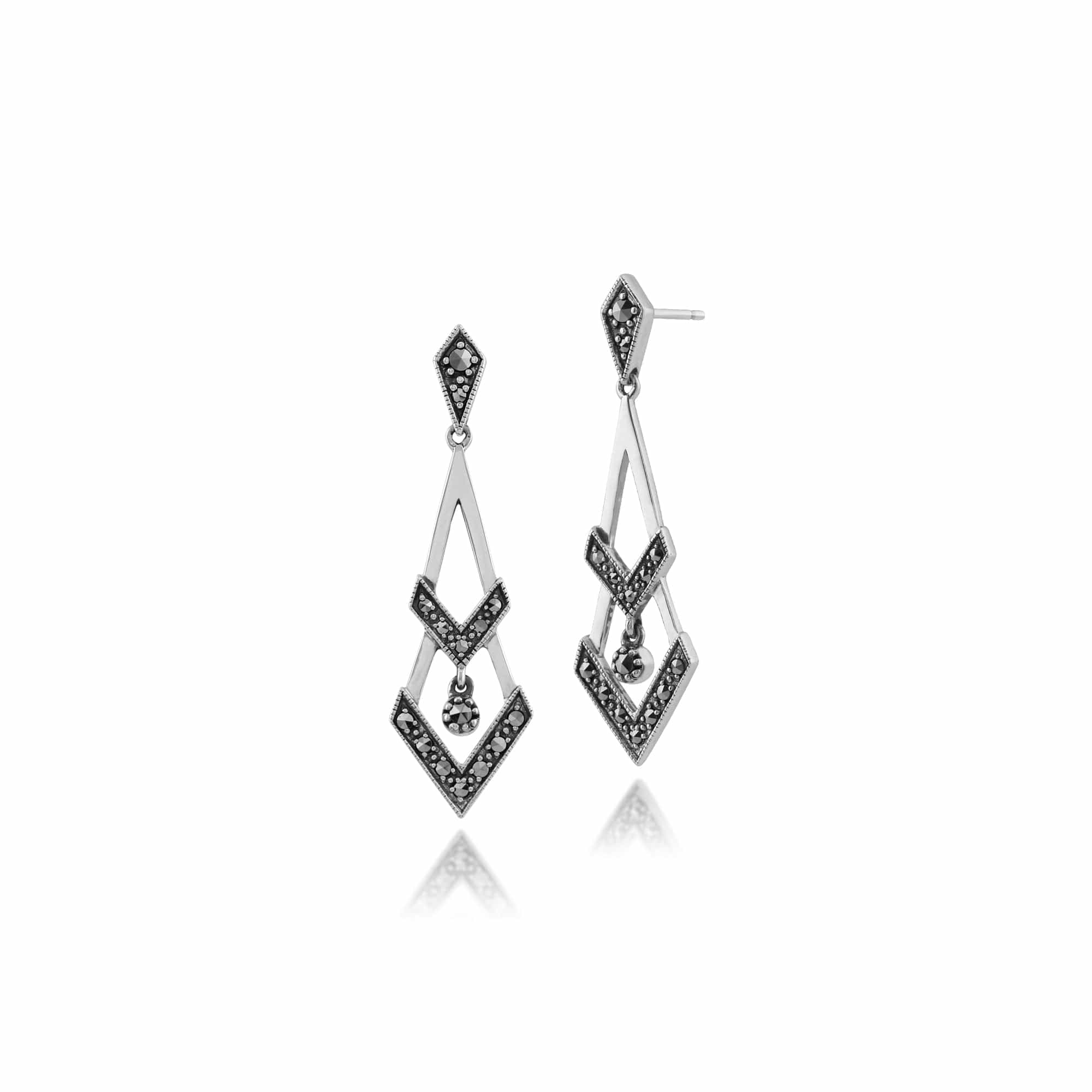 Art Deco Style Round Marcasite Open Work Triangular Drop Earrings in 925 Sterling Silver - Gemondo