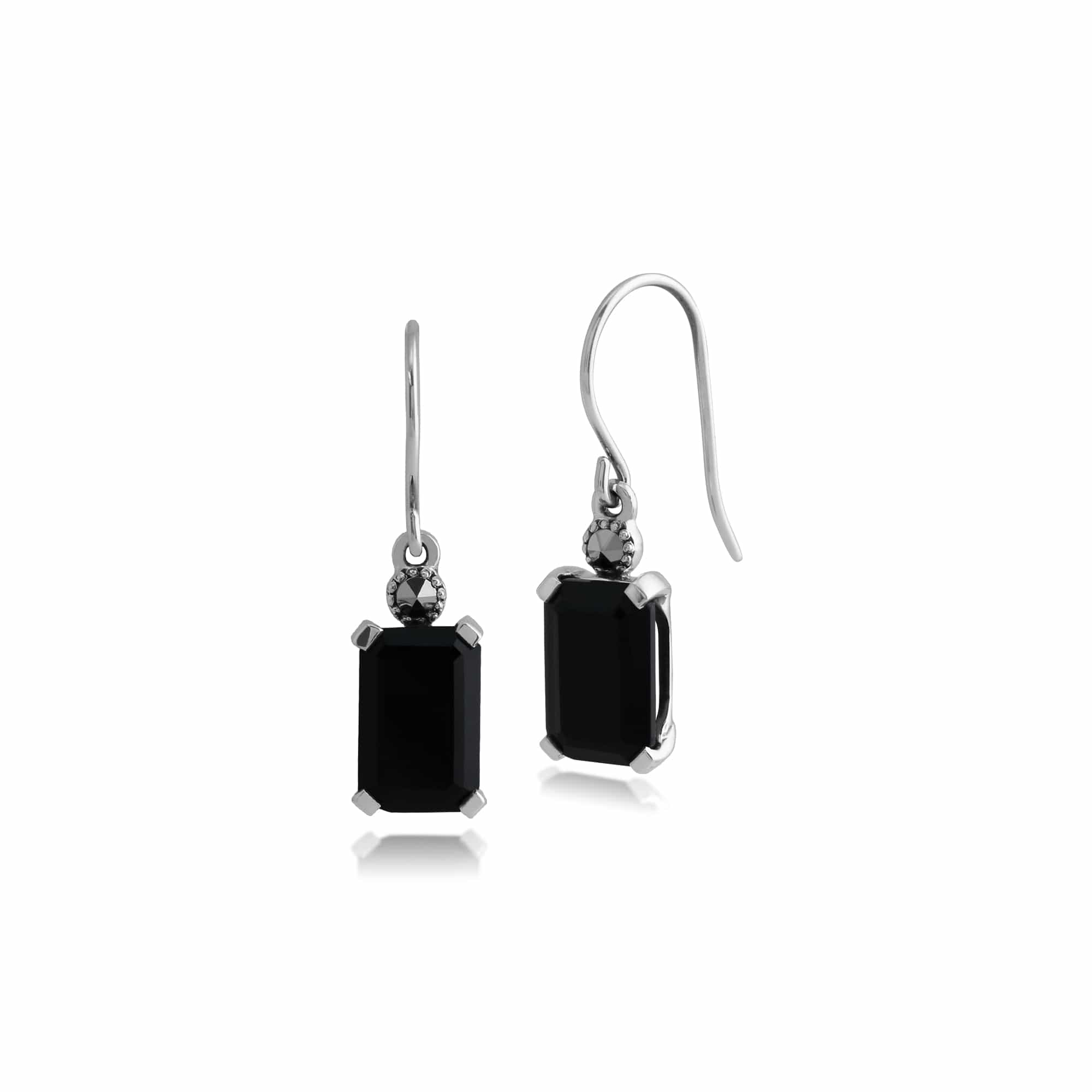 Art Deco Style Octagon Black Onyx & Marcasite Drop Earrings in 925 Sterling Silver - Gemondo