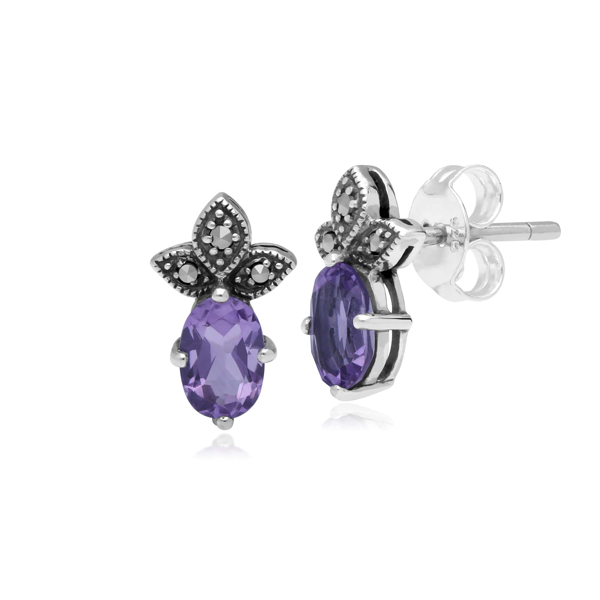 214E845001925 Gemondo Sterling Silver Amethyst & Marcasite February Stud Earrings 1