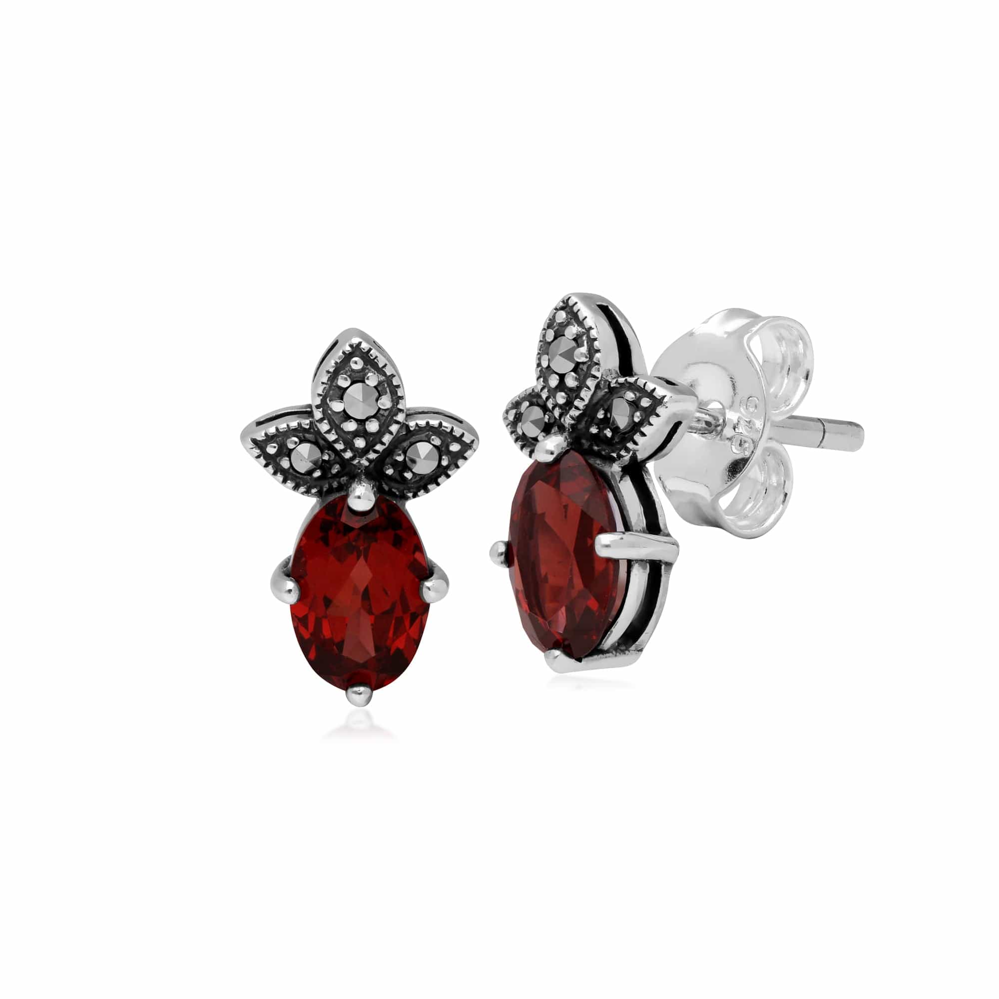 214E845004925 Art Deco Style Oval Garnet & Marcasite Stud Earrings in 925 Sterling Silver 1