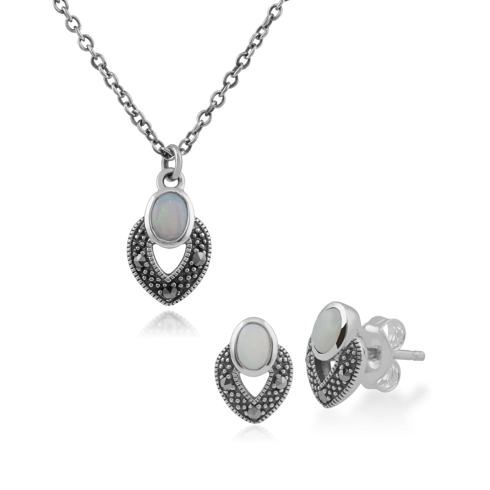 214E850101925-214N688201925 Art Deco Style Oval Opal & Marcasite Stud Earrings & Pendant Set in 925 Sterling Silver 1