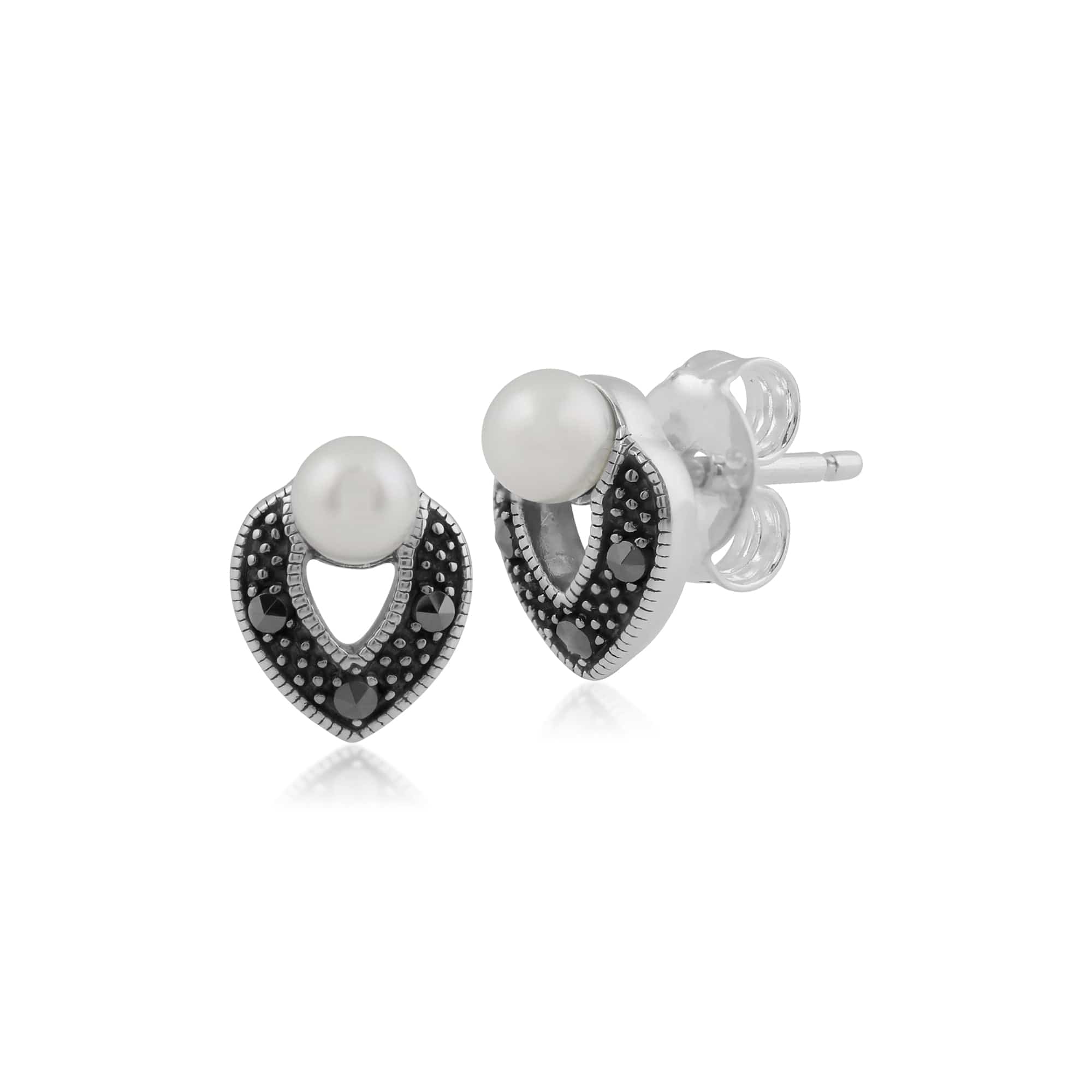 Gemondo Sterling Silver Art Deco Pearl & Marcasite Stud Earrings Image