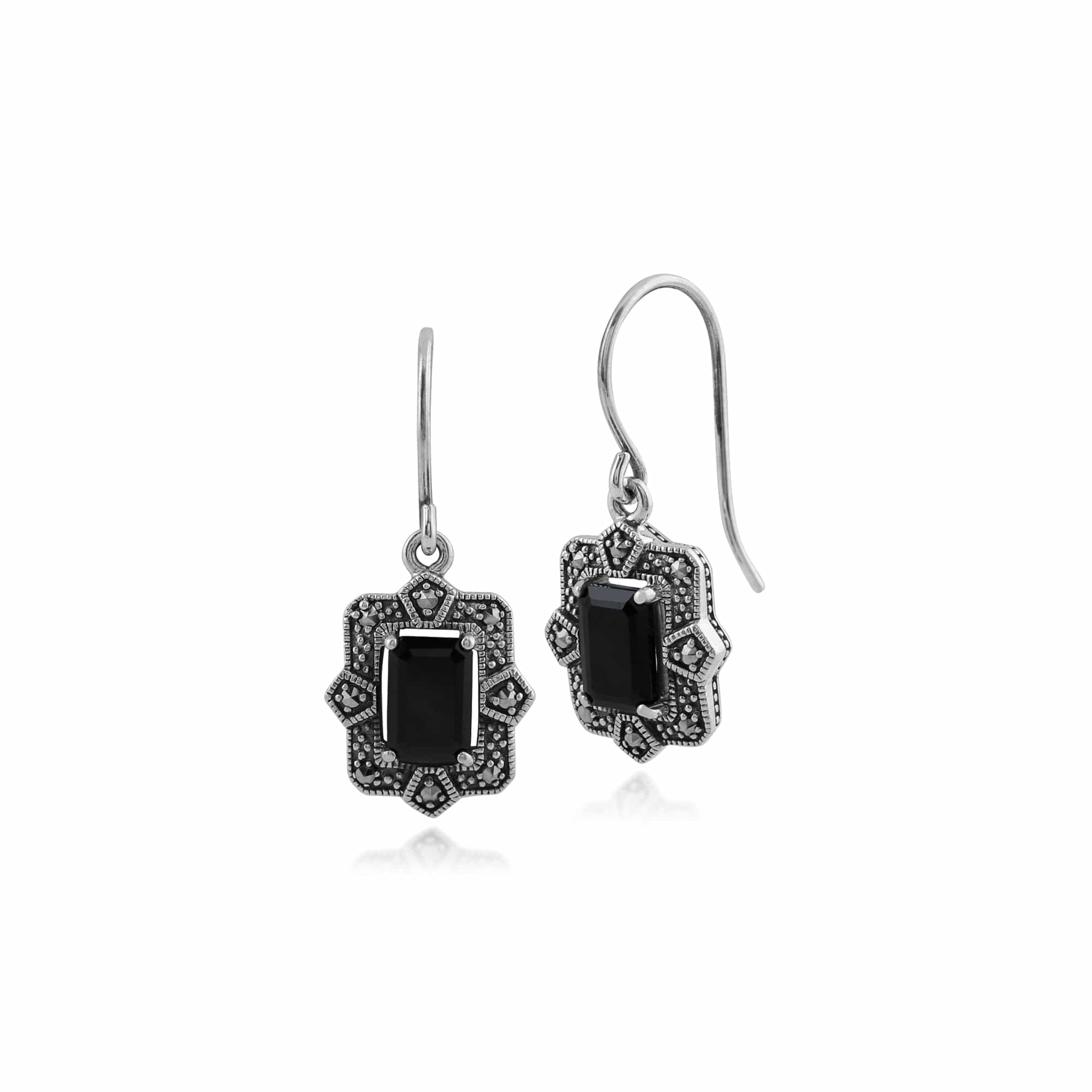 Art Deco Style Black Spinel & Marcasite Drop Earrings in Silver - Gemondo
