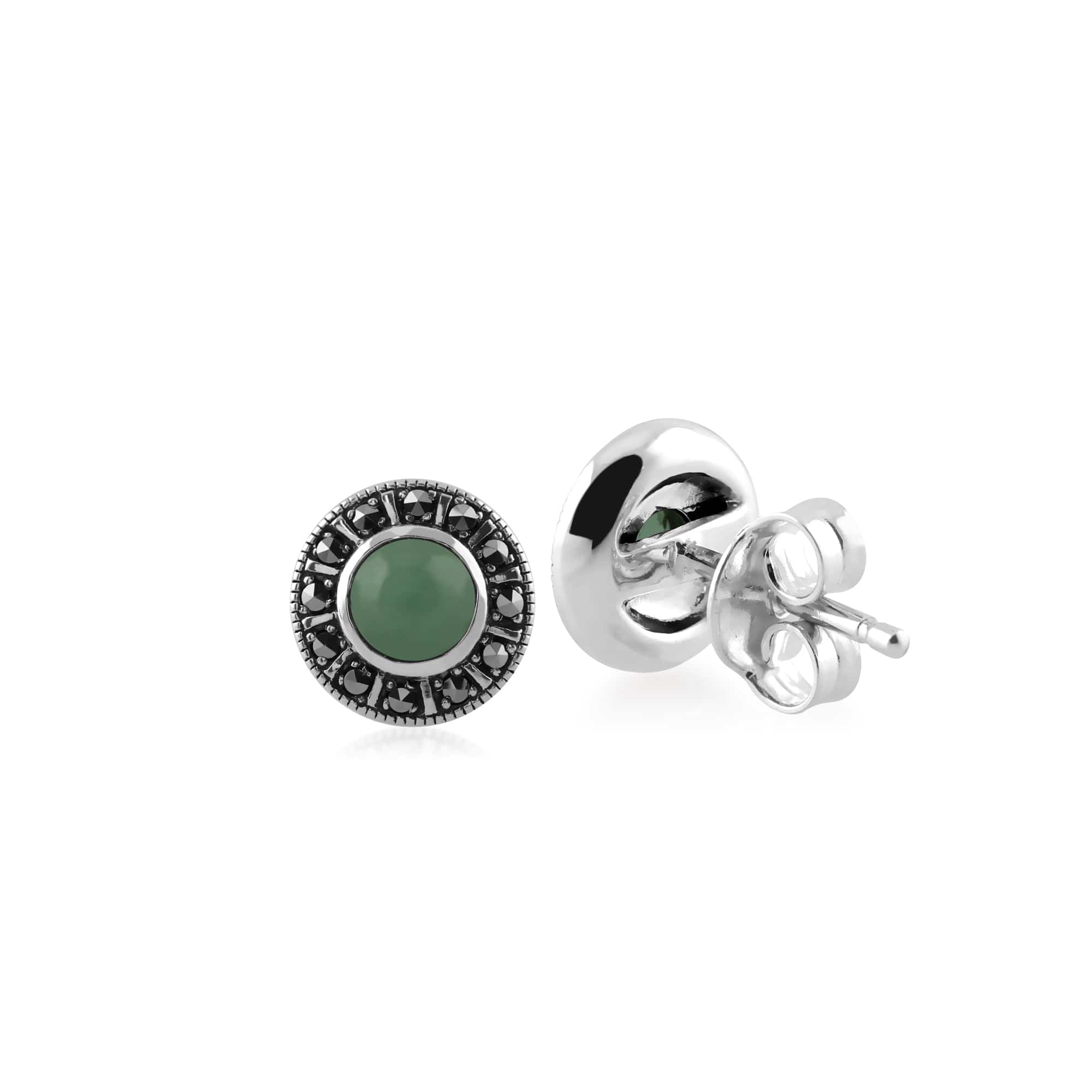 Art Deco Style Round Green Jade & Marcasite Halo Stud Earrings in 925 Sterling Silver - Gemondo