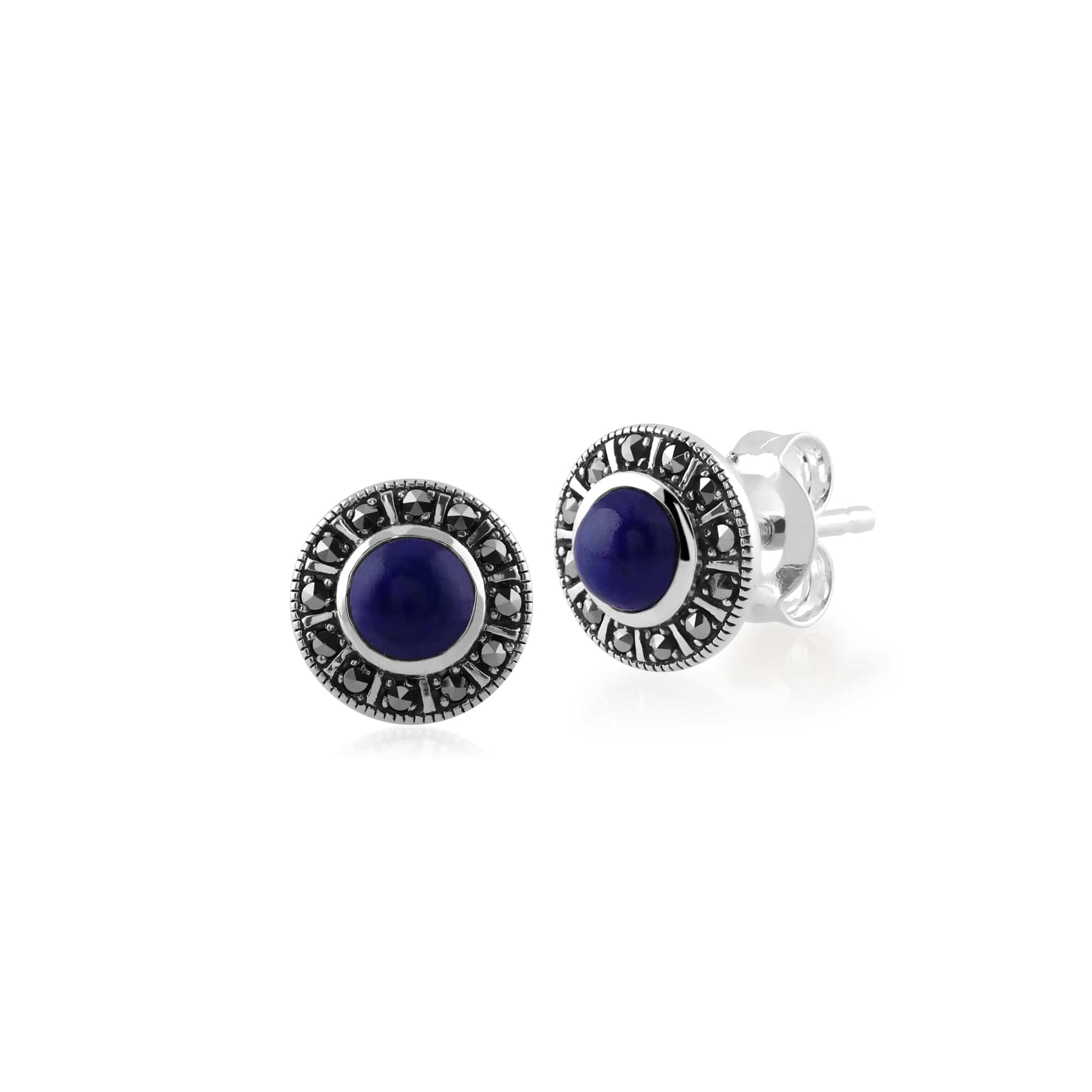 Art Deco Style Round Lapis Lazuli & Marcasite Halo Stud Earrings & Pendant Set in 925 Sterling Silver - Gemondo