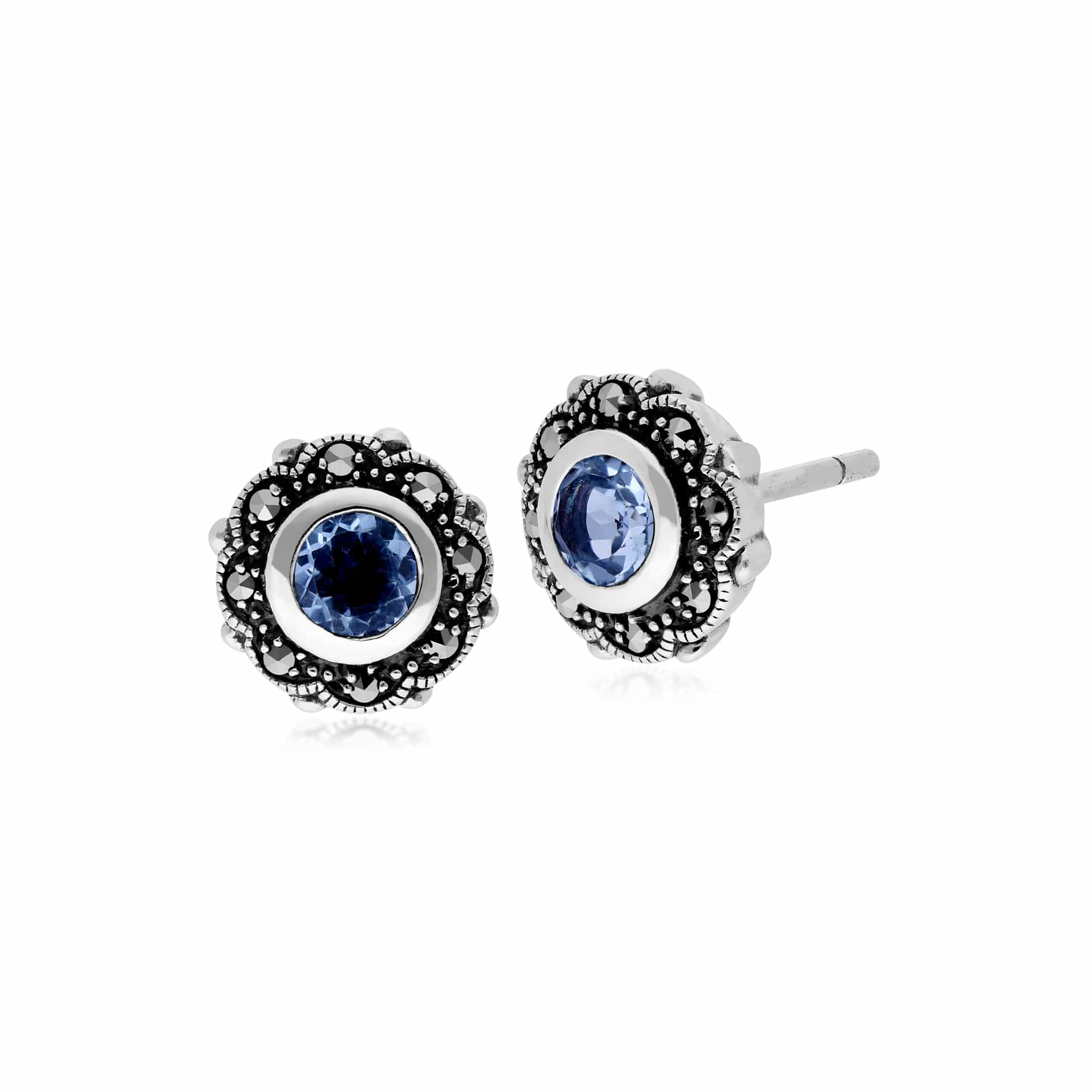 Art Nouveau Style Round Blue Topaz & Marcasite Floral Stud Earrings in 925 Sterling Silver - Gemondo