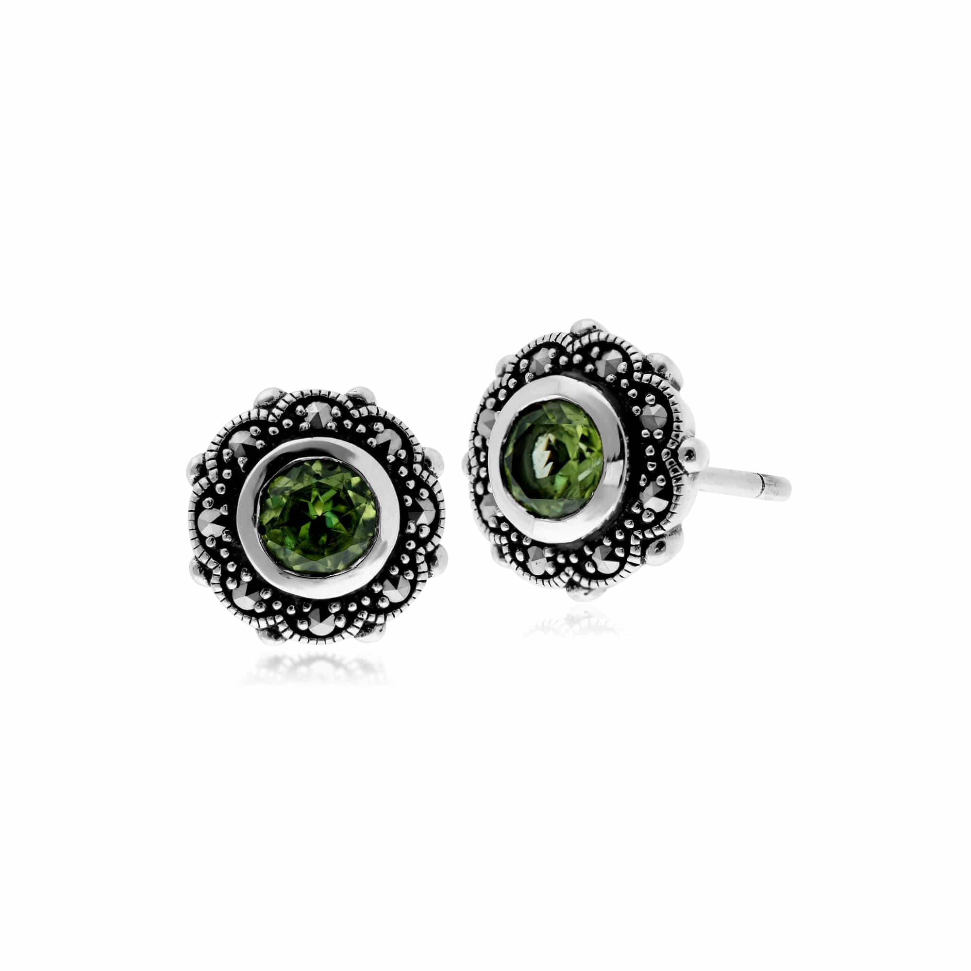 Gemondo Sterling Silver Peridot & Marcasite Art Nouveau Stud Floral Earrings - Gemondo