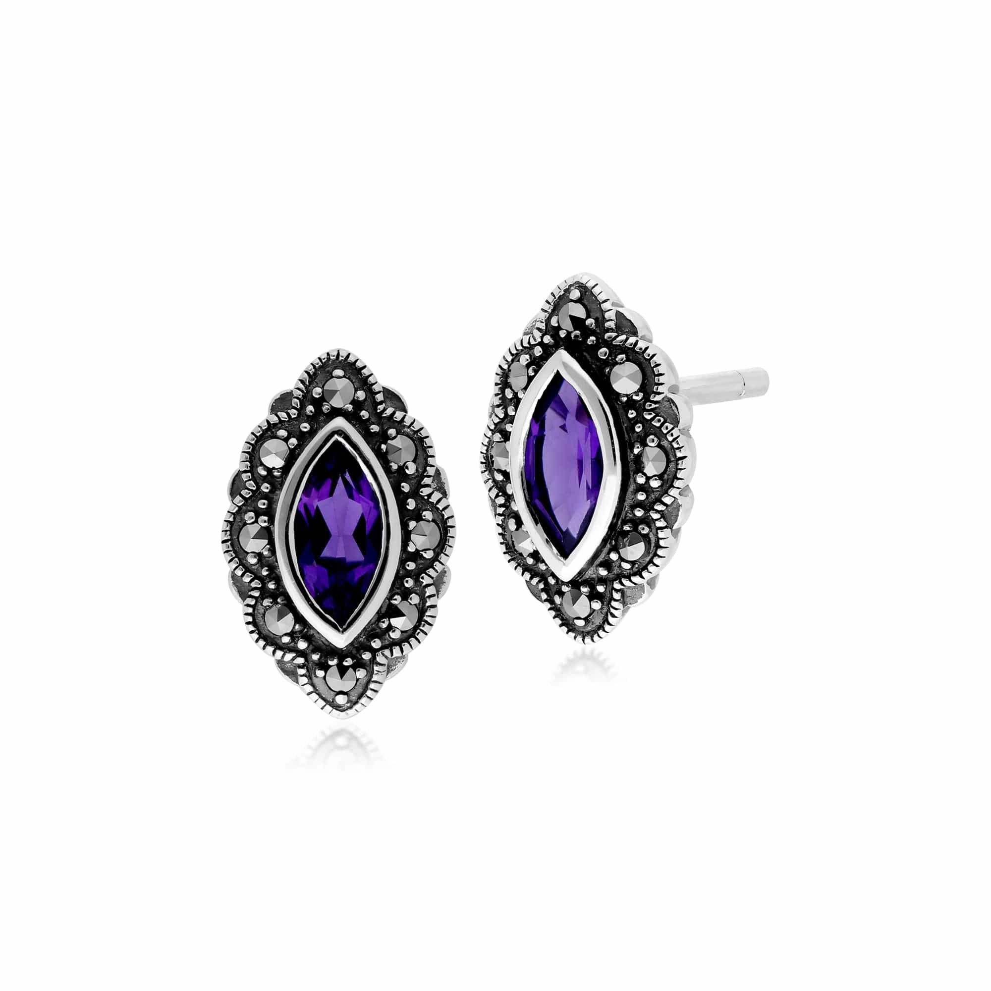 Gemondo Sterling Silver Amethyst & Marcasite Art Nouveau Stud Earrings - Gemondo