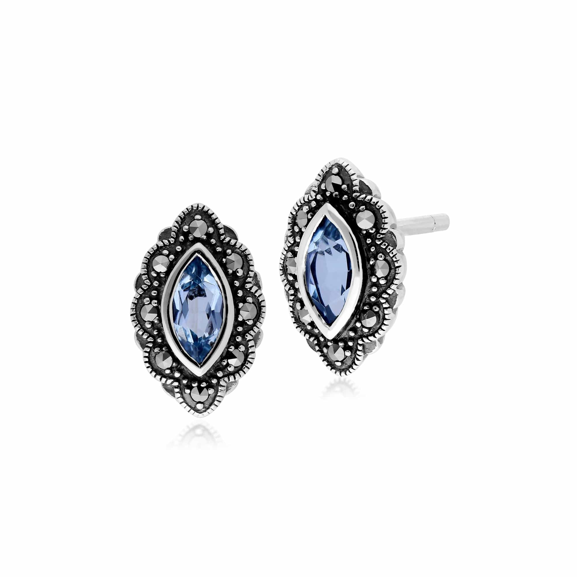 Art Nouveau Marquise Blue Topaz & Marcasite Stud Earrings in 925 Sterling Silver