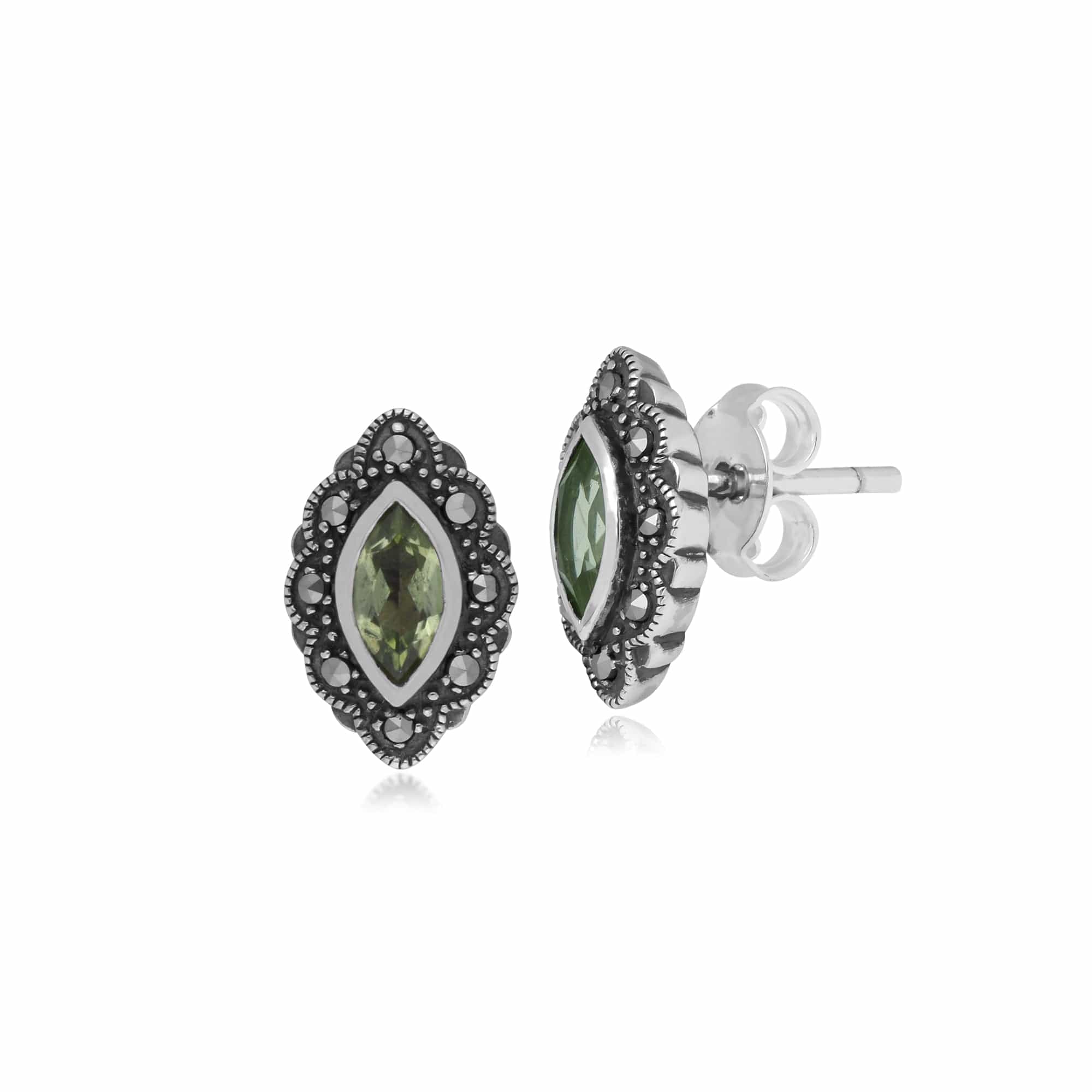 214E852503925 Gemondo Sterling Silver Peridot & Marcasite Art Nouveau Stud Earrings 1