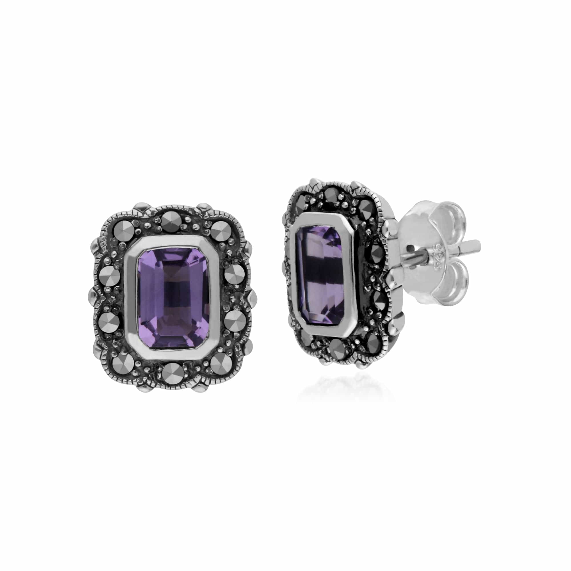 Gemondo Sterling Silver Amethyst & Marcasite Octagon Art Nouveau Stud Earrings - Gemondo