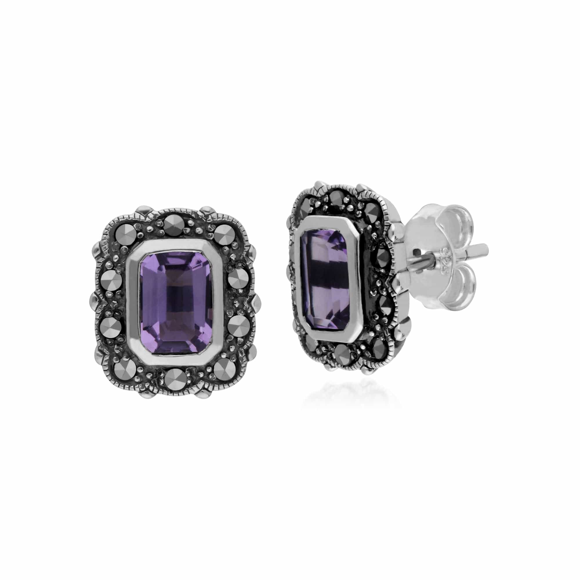 214E852603925 Gemondo Sterling Silver Amethyst & Marcasite Octagon Art Nouveau Stud Earrings 1