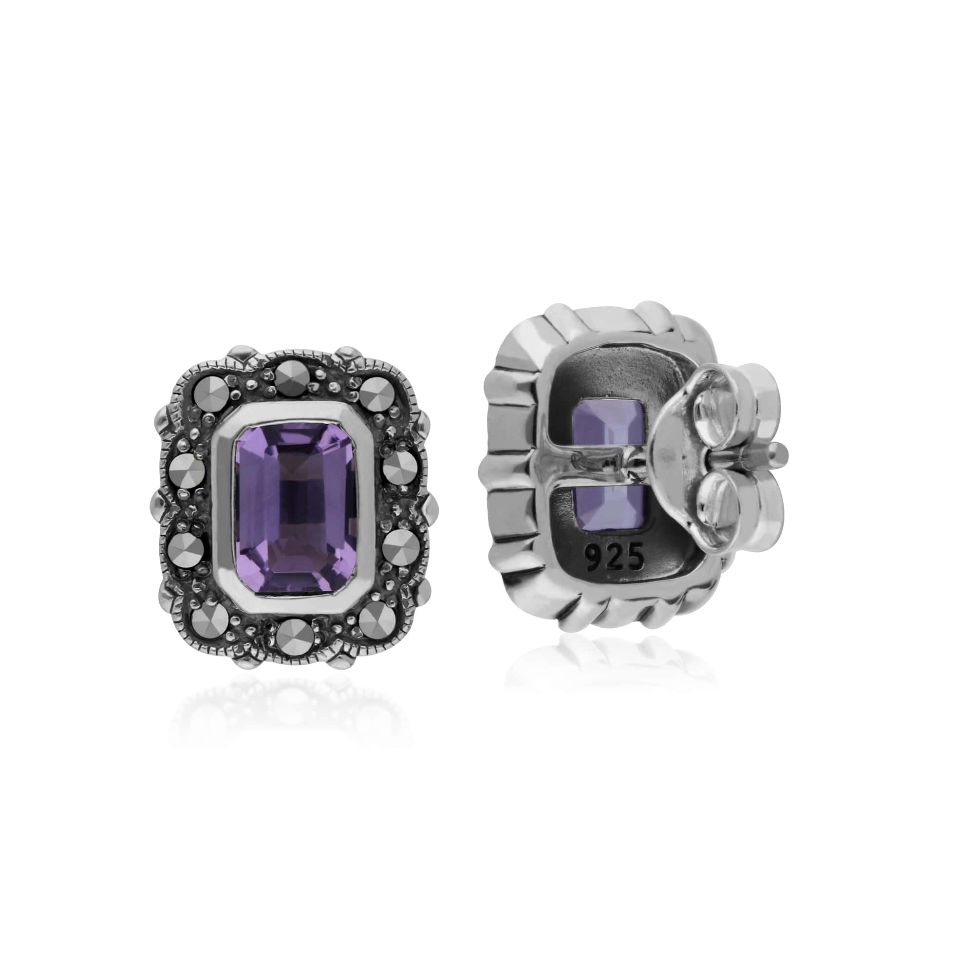 214E852603925 Gemondo Sterling Silver Amethyst & Marcasite Octagon Art Nouveau Stud Earrings 2