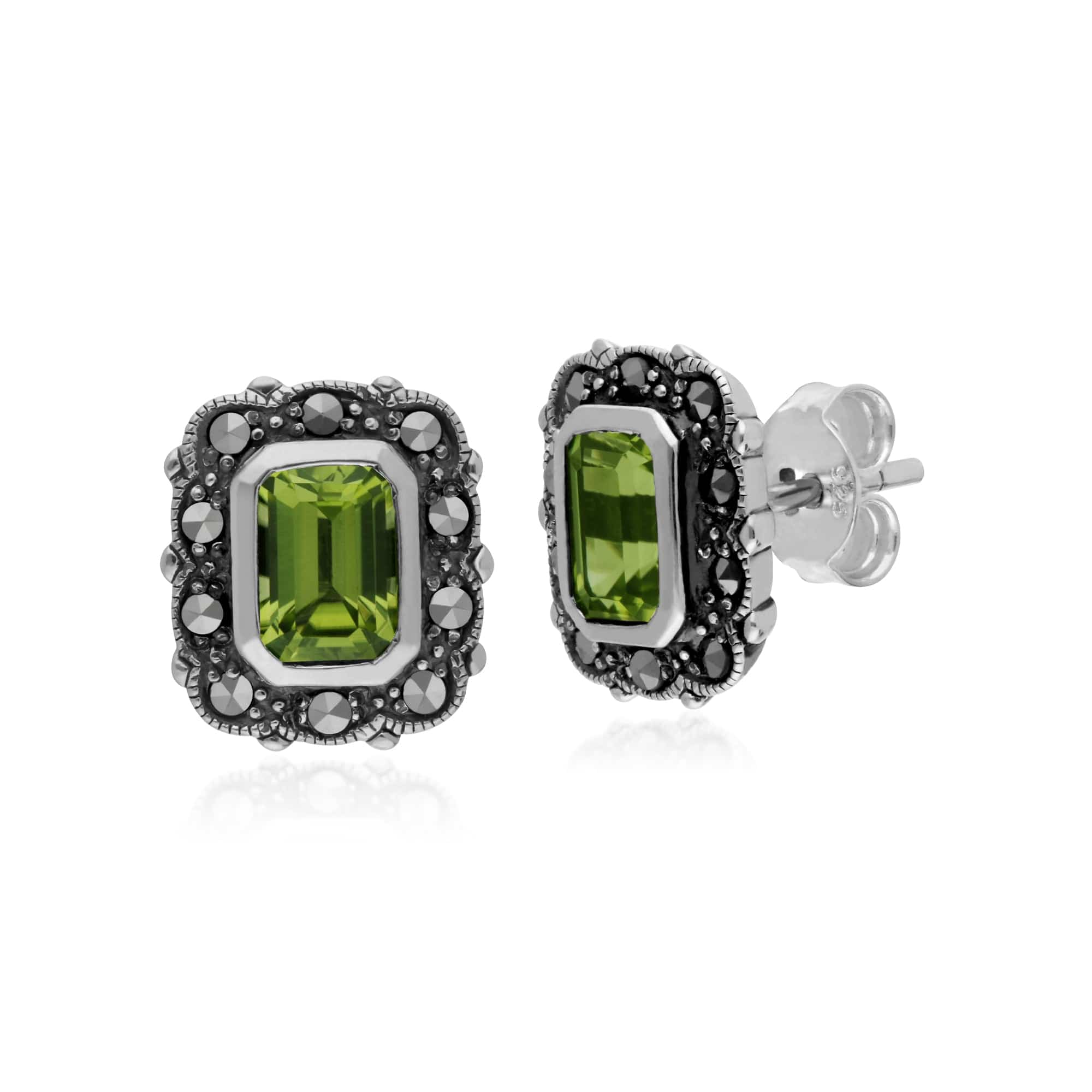 214E852604925 Gemondo Sterling Silver Peridot & Marcasite Octagon Art Nouveau Stud Earrings 1