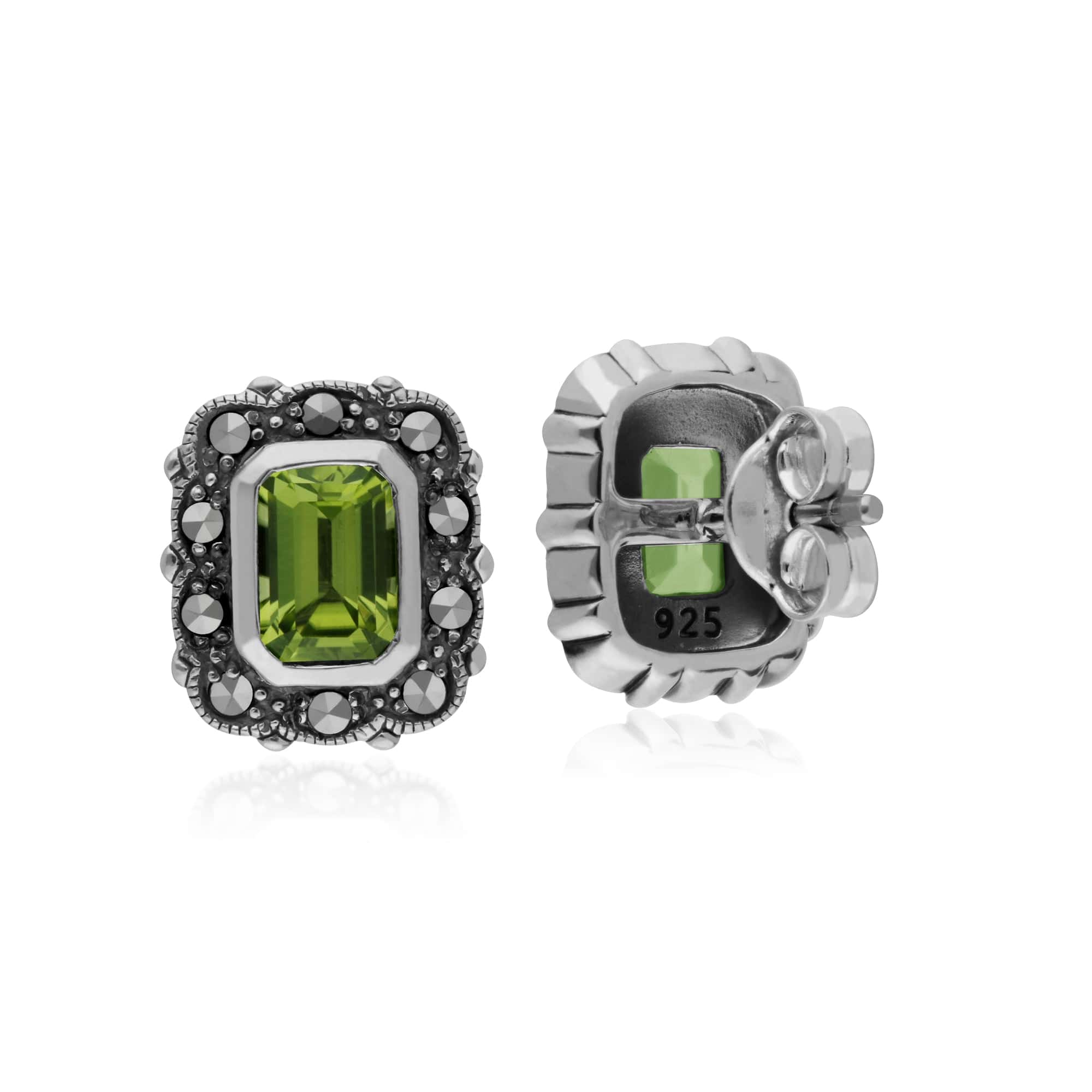 214E852604925 Gemondo Sterling Silver Peridot & Marcasite Octagon Art Nouveau Stud Earrings 2