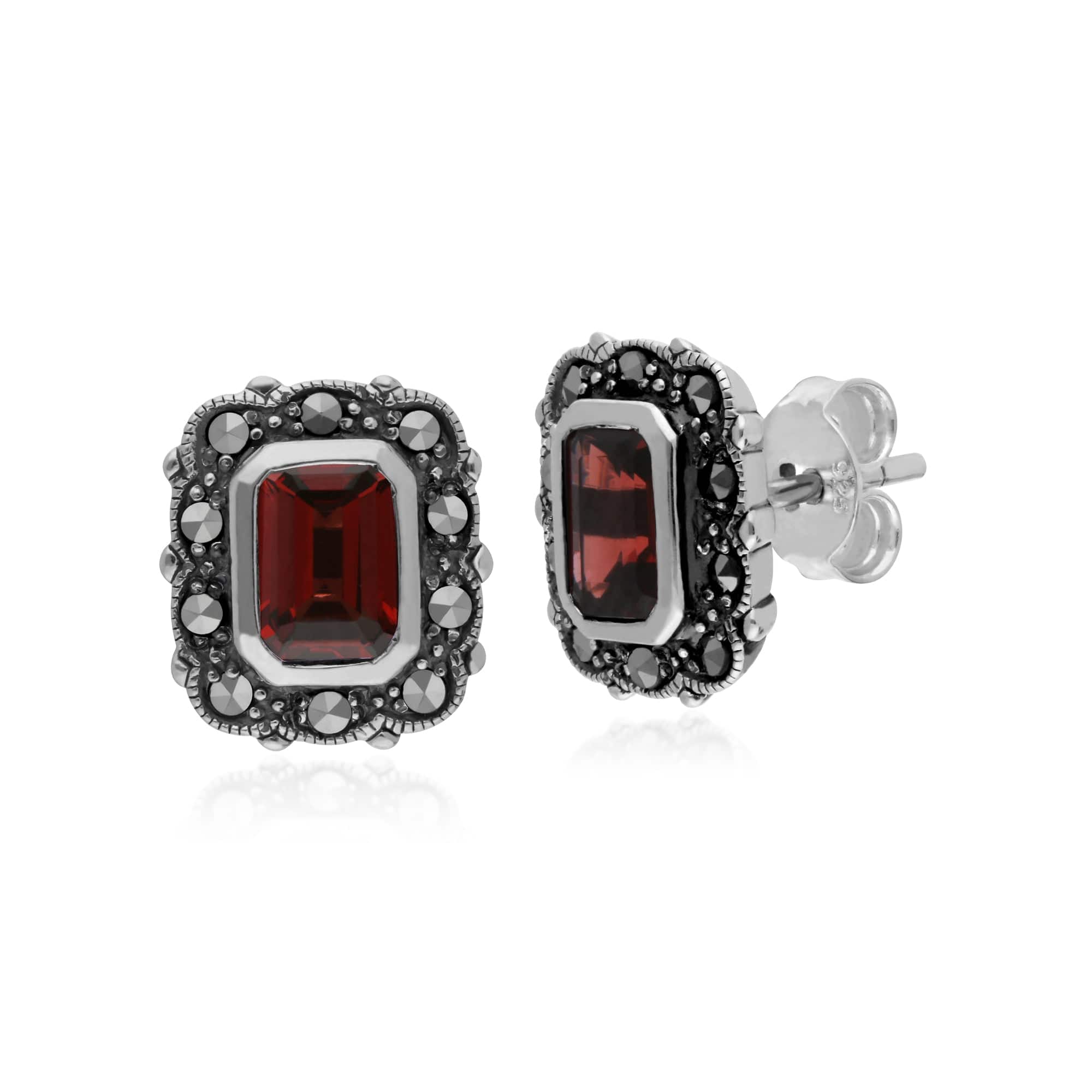 Art Deco Style Octagon Garnet & Marcasite Stud Earrings in 925 Sterling Silver - Gemondo