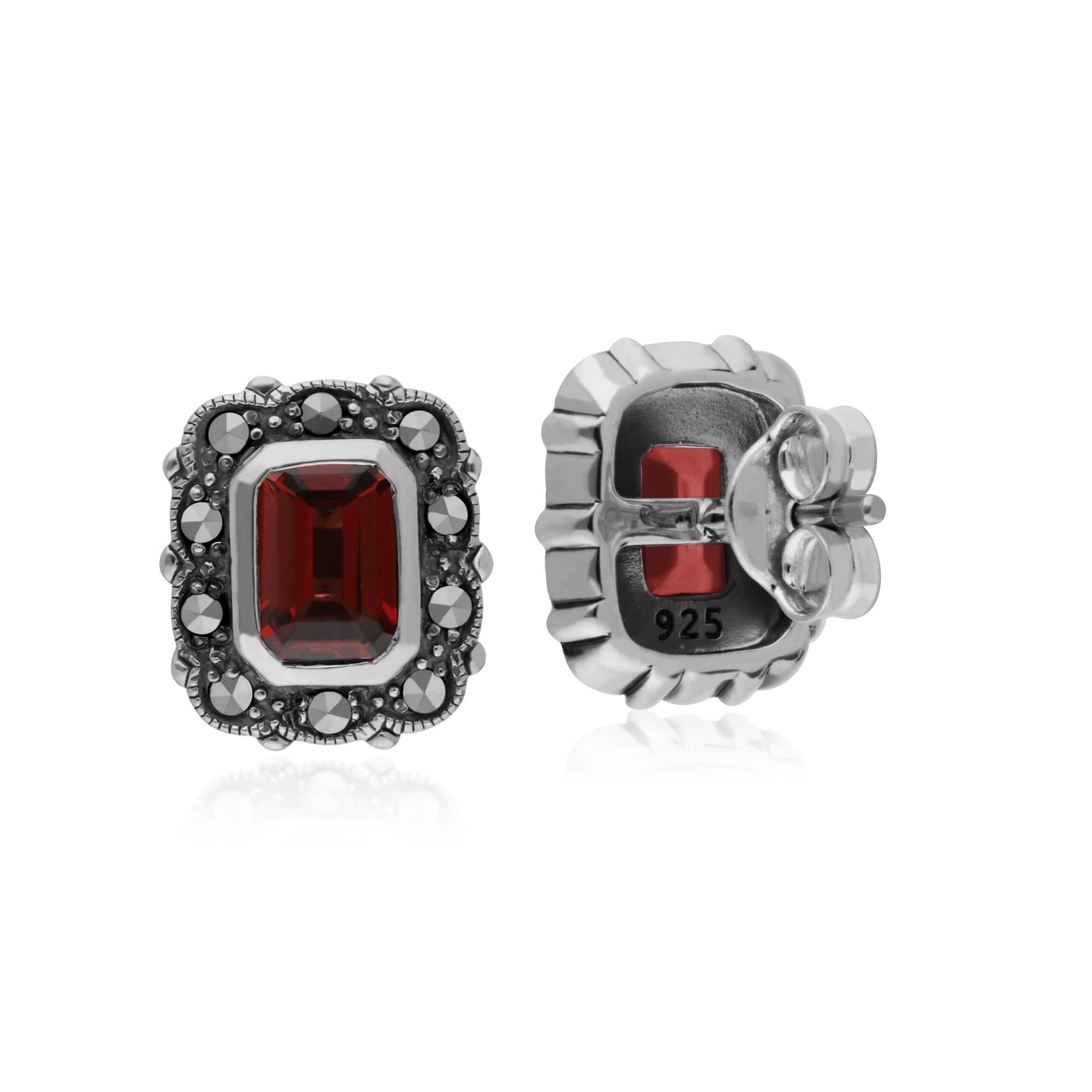 Art Deco Style Octagon Garnet & Marcasite Stud Earrings in 925 Sterling Silver - Gemondo