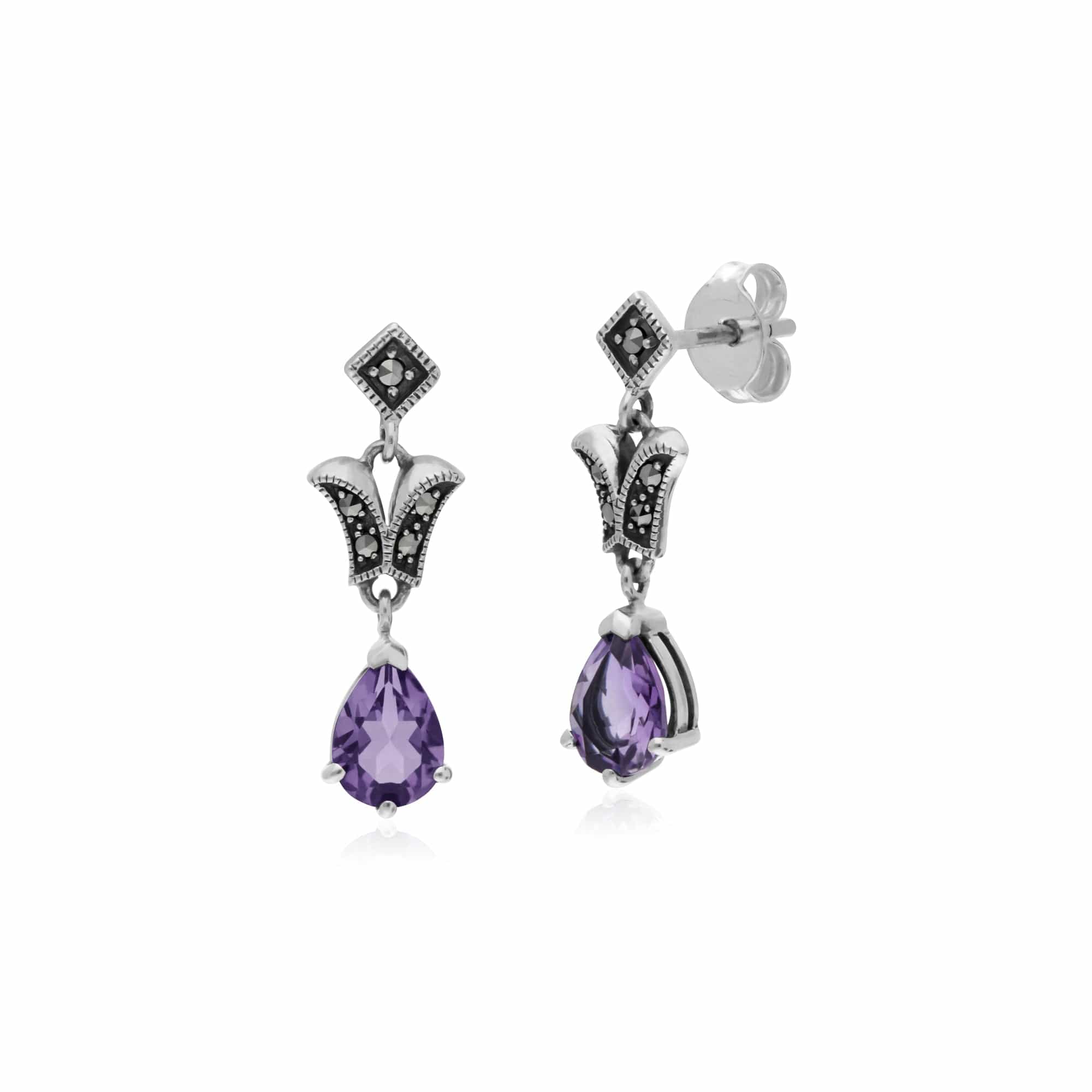 Drop earrings Art Nouveau Pear  Amethyst Silver 