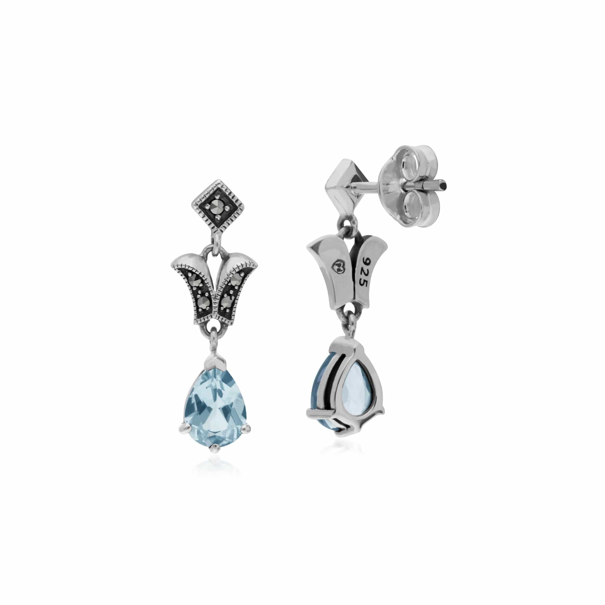 Art Nouveau Style Pear Blue Topaz & Marcasite Drop Earrings in 925 Sterling Silver - Gemondo