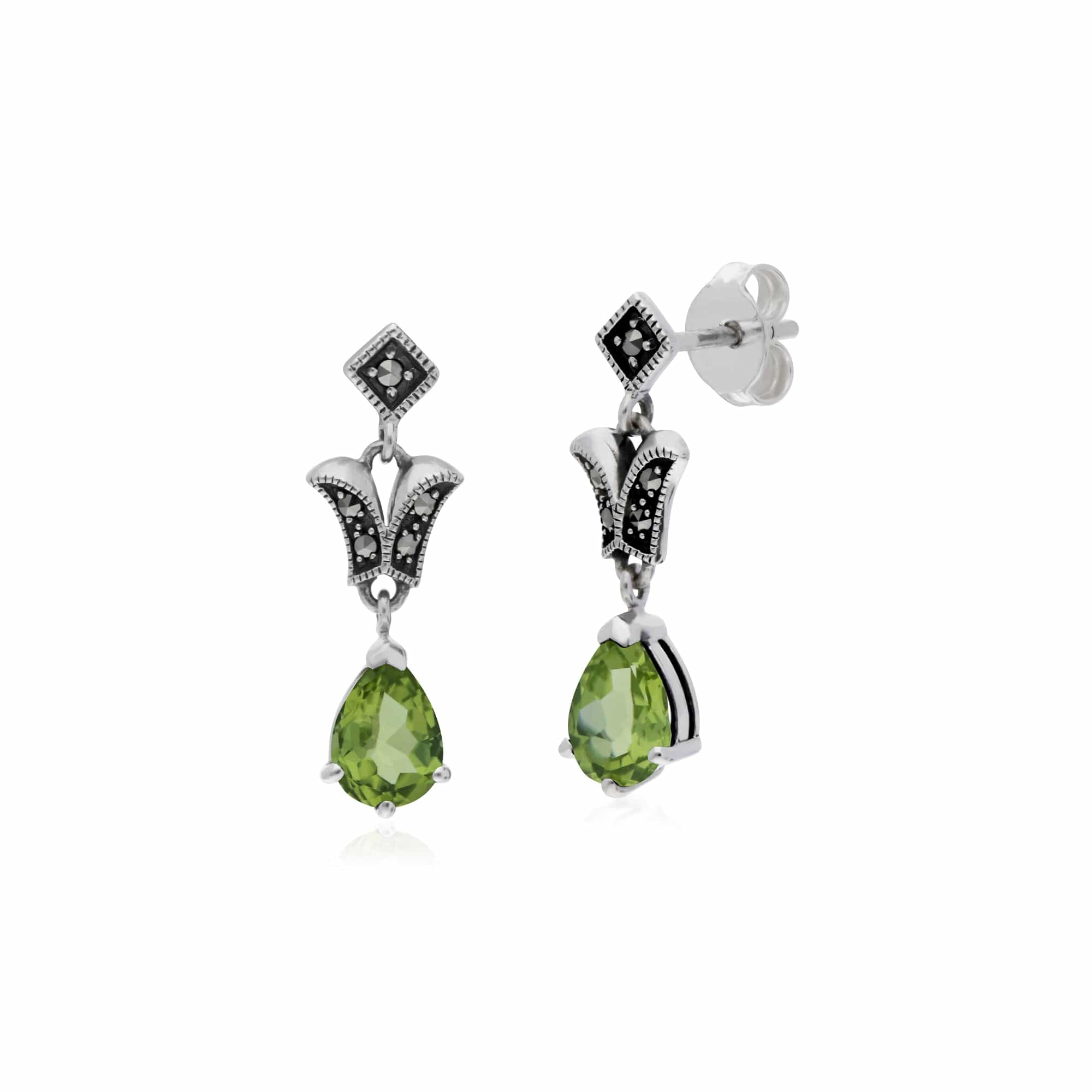 214E859603925 Art Nouveau Style Pear Peridot & Marcasite Drop Earrings in 925 Sterling Silver 1