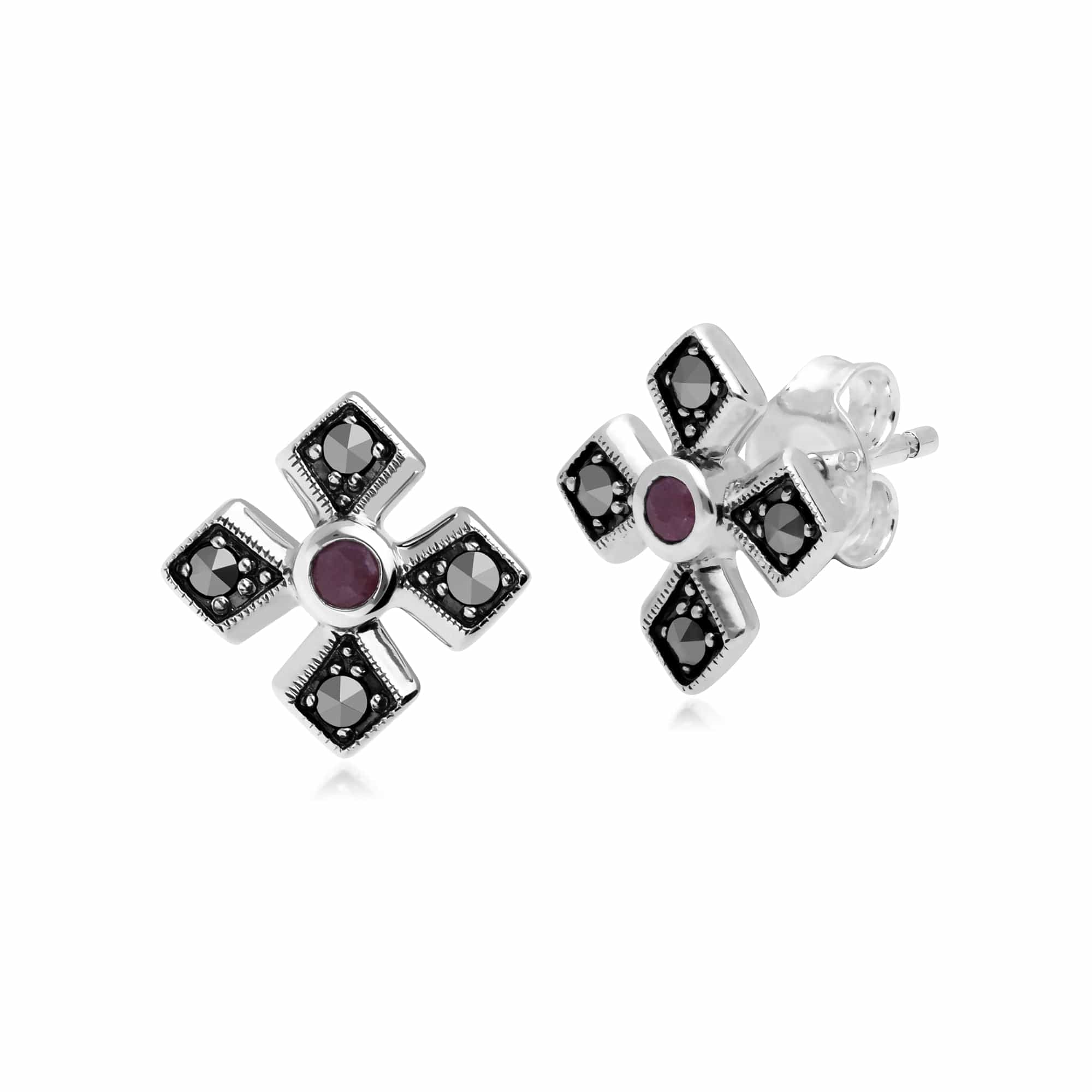 214E859701925 Gemondo Sterling Silver Marcasite & Ruby July Birthstone Earrings 1