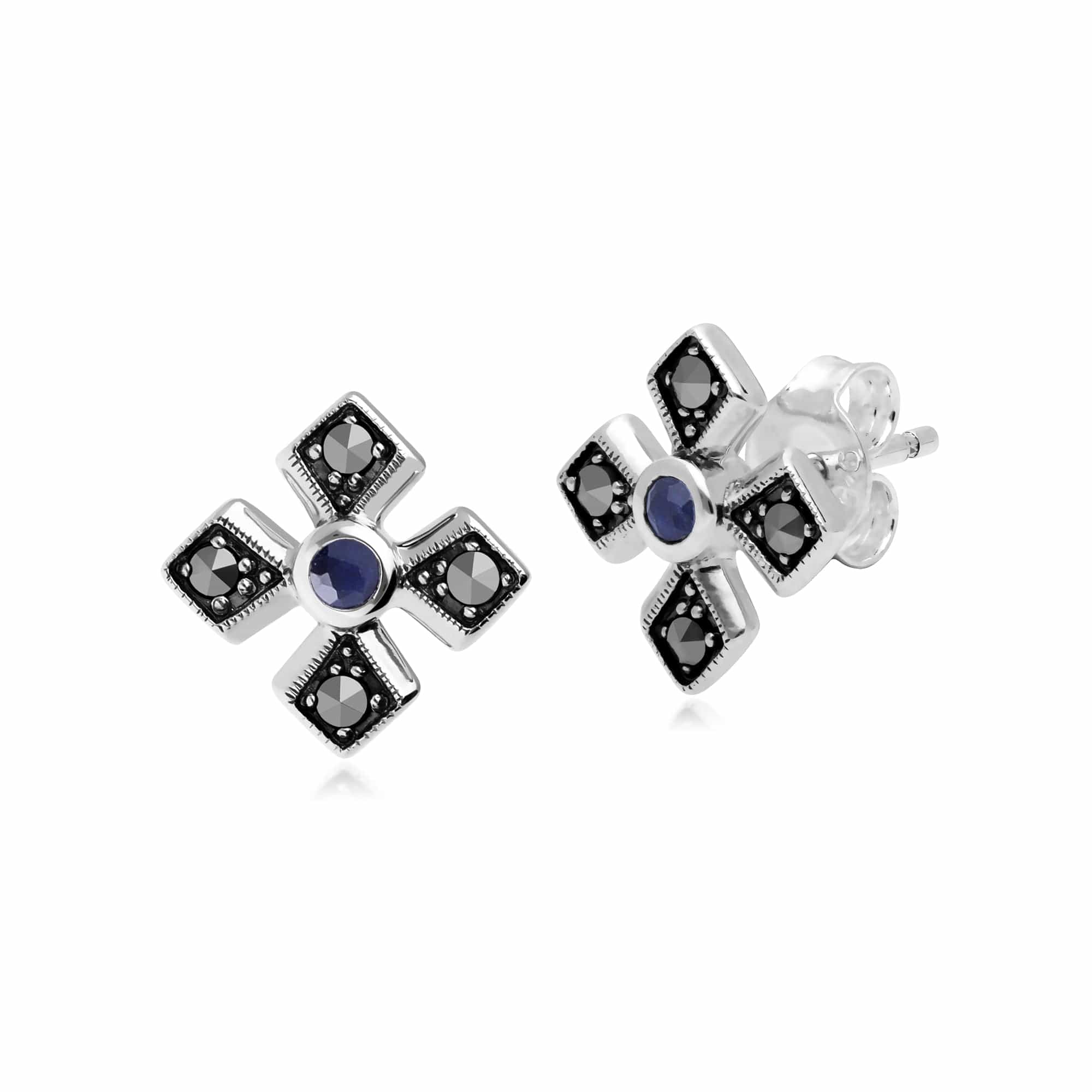 214E859702925 Gemondo Sterling Silver Marcasite & Sapphire September Birthstone Earrings 1