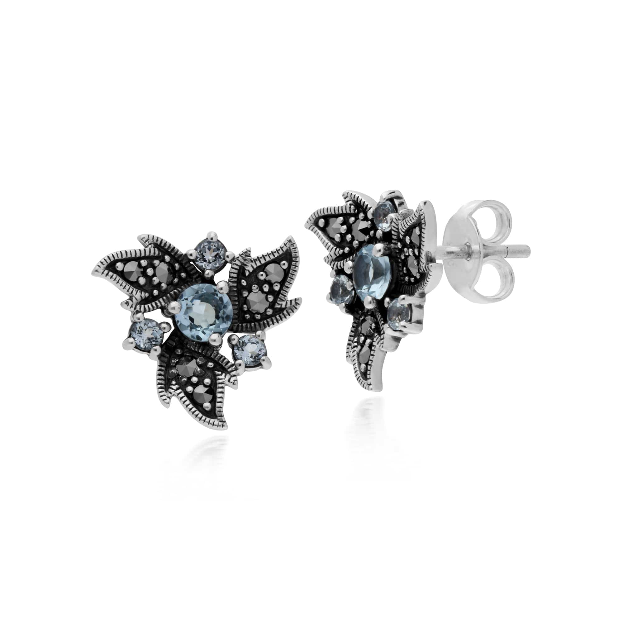 Gemondo Sterling Silver Blue Topaz & Marcasite Art Noveau Floral Earrings - Gemondo