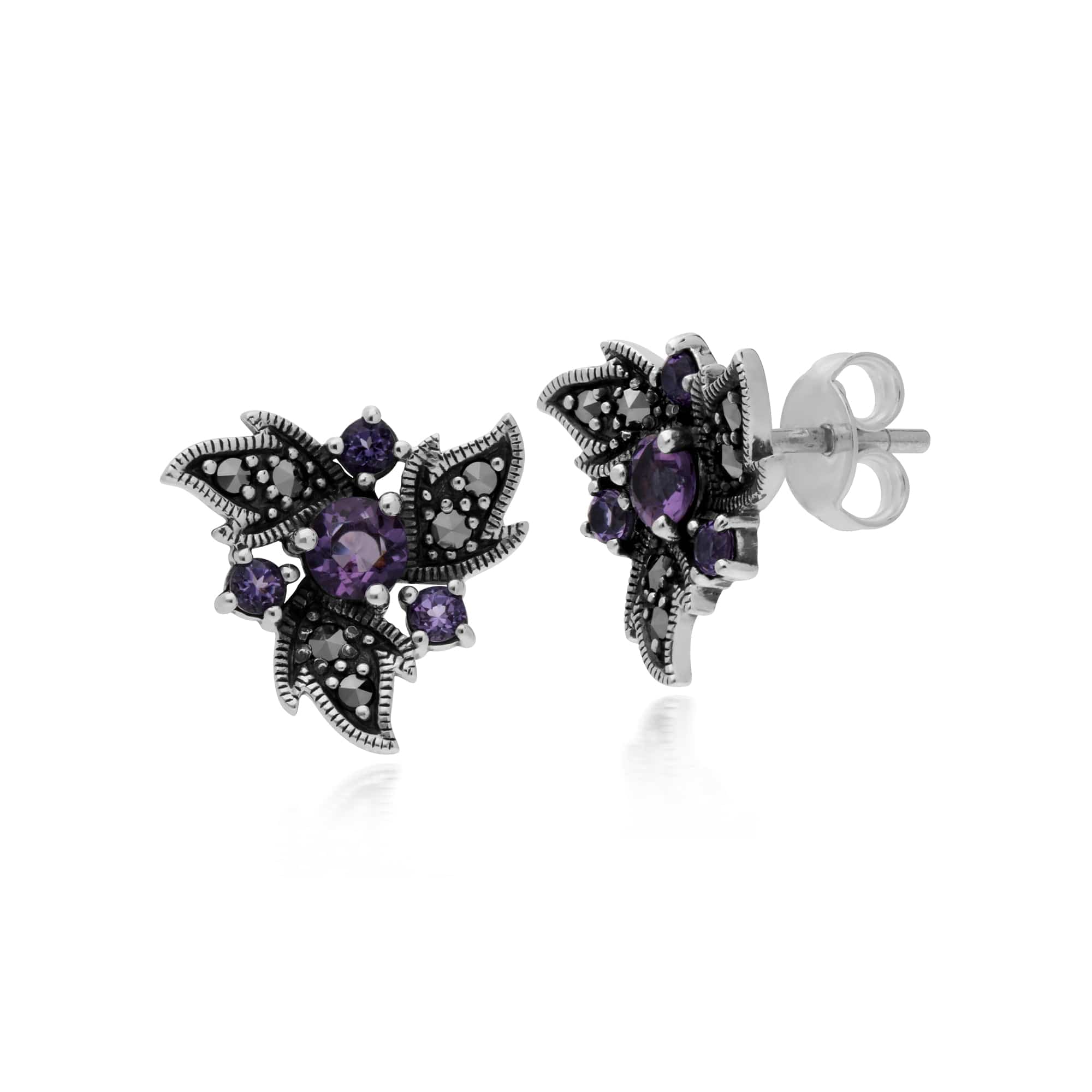 Art Nouveau Style Round Amethyst & Marcasite Floral Stud Earrings in 925 Sterling Silver - Gemondo