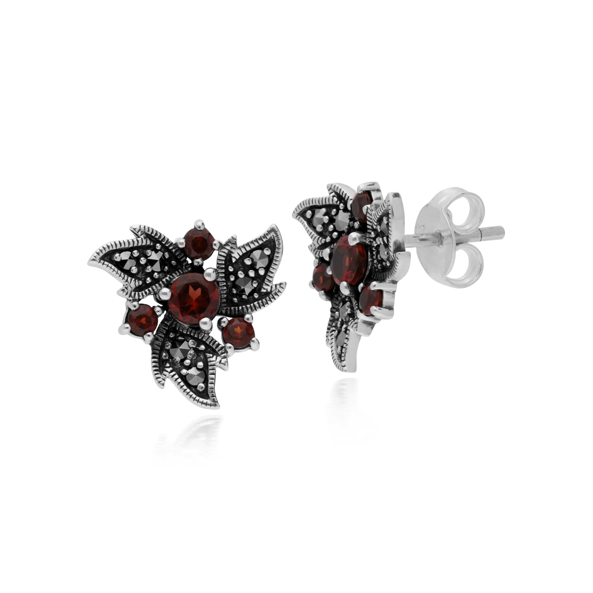 Art Nouveau Style Round Garnet & Marcasite Floral Stud Earrings in 925 Sterling Silver - Gemondo