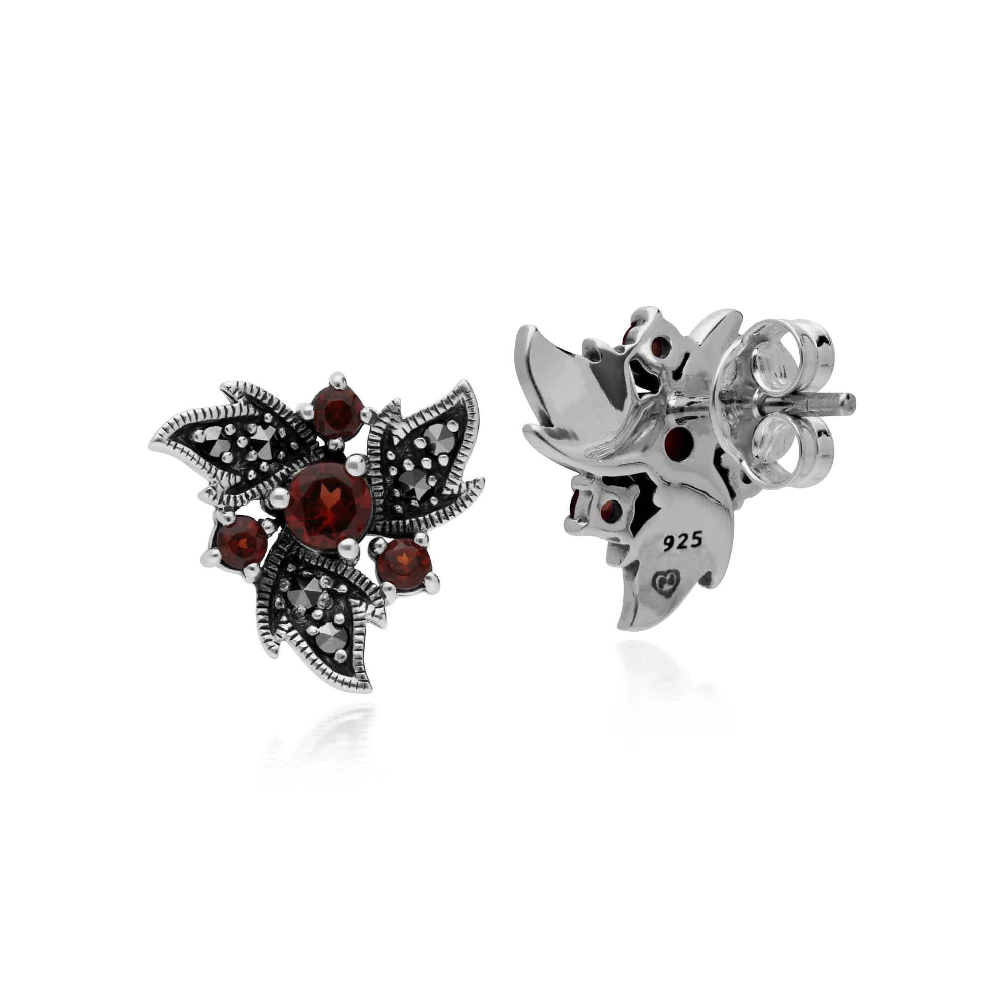 Art Nouveau Style Round Garnet & Marcasite Floral Stud Earrings in 925 Sterling Silver - Gemondo