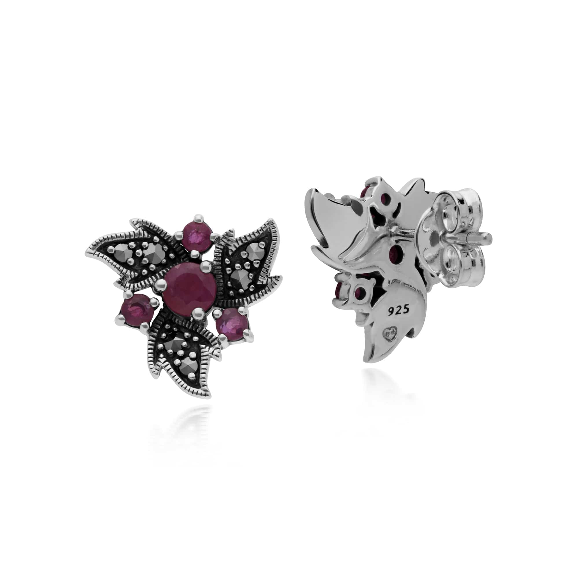 Gemondo Sterling Silver Ruby & Marcasite Art Nouveau Floral Earrings - Gemondo