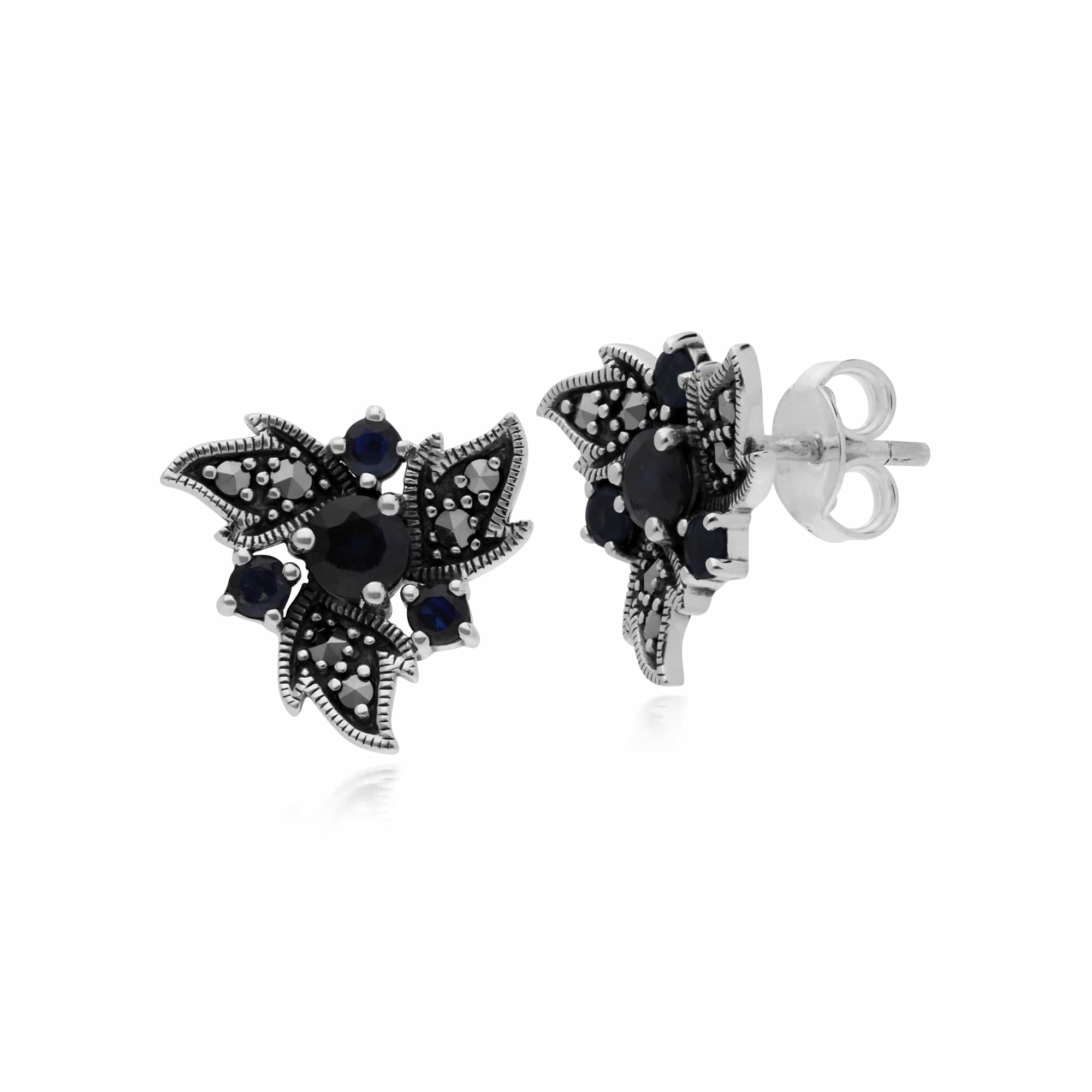 Gemondo Sterling Silver Sapphire & Marcasite Art Nouveau Floral Earrings - Gemondo