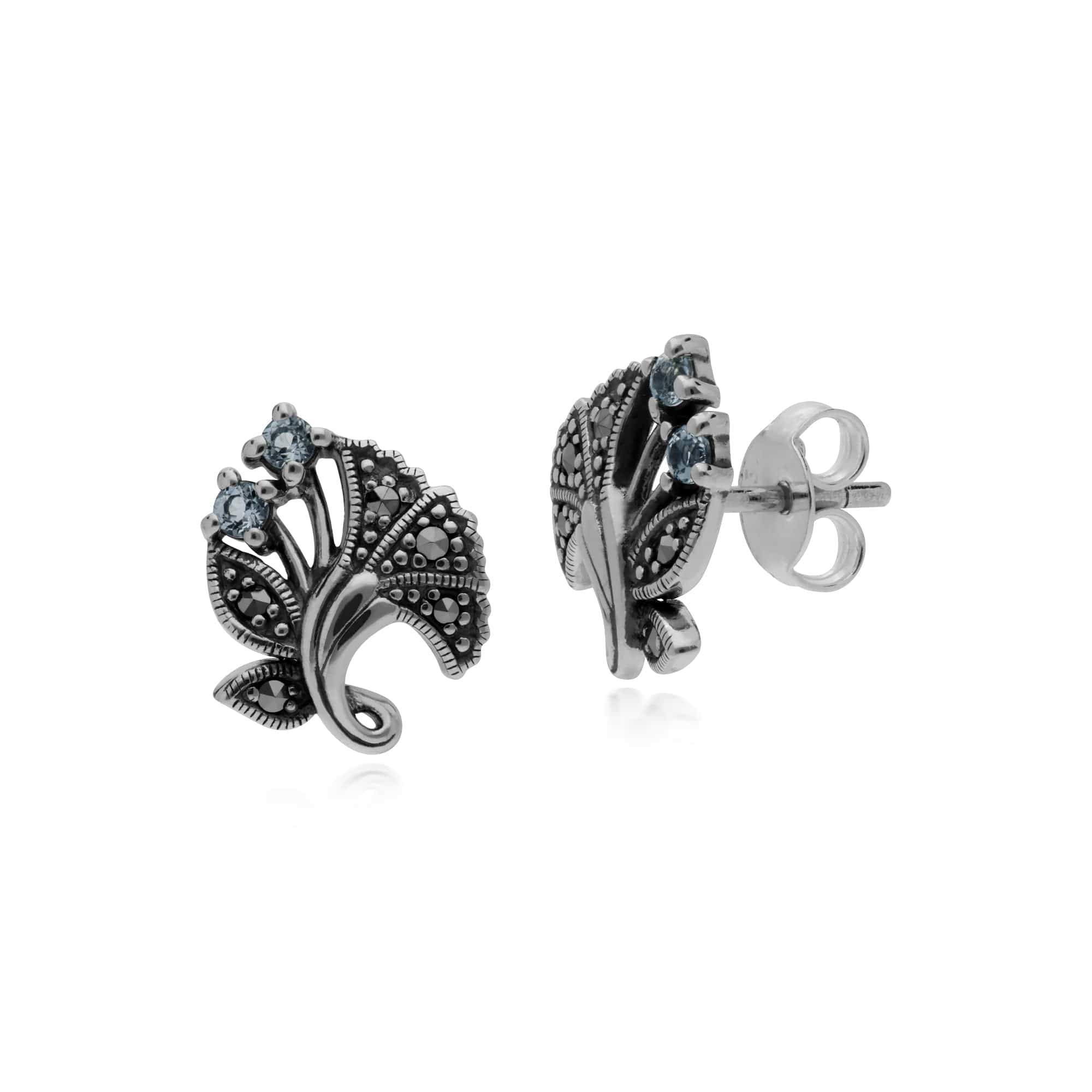 Art Nouveau Style Round Blue Topaz Leaf Stud Earrings in 925 Sterling Silver - Gemondo