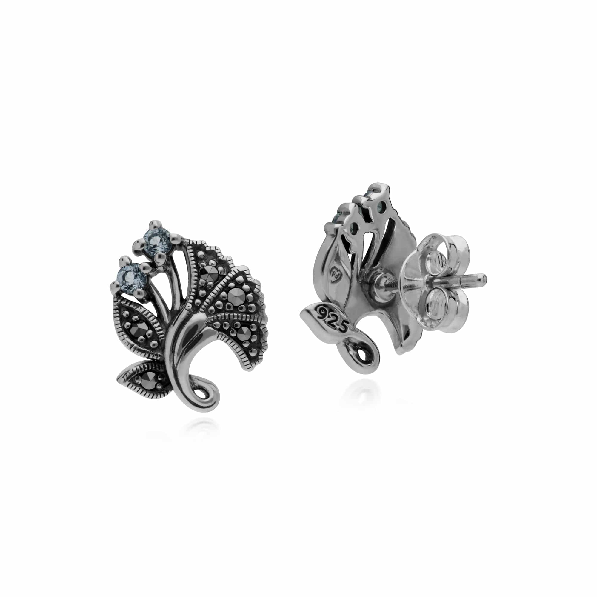 Art Nouveau Style Round Blue Topaz Leaf Stud Earrings in 925 Sterling Silver - Gemondo
