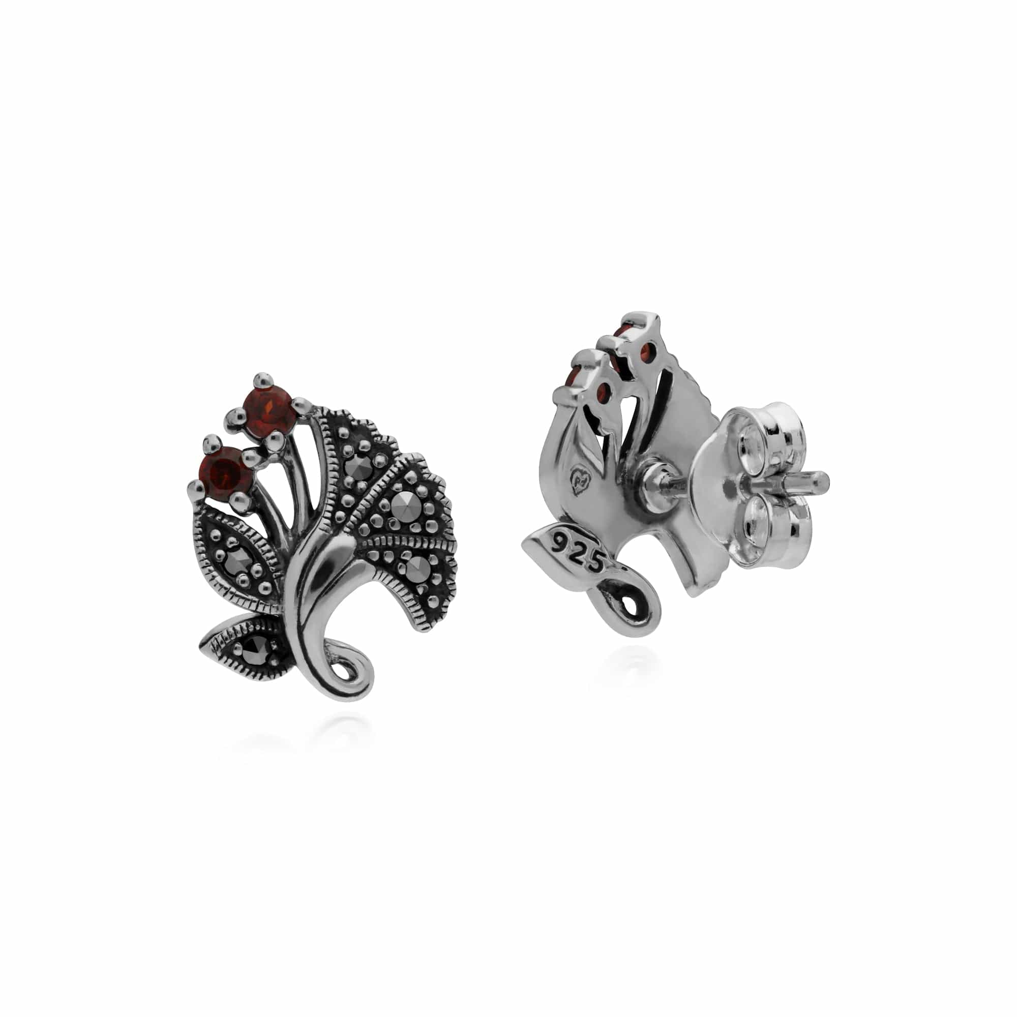 Gemondo Sterling Silver Garnet & Marcasite January Art Nouveau Stud Earrings - Gemondo