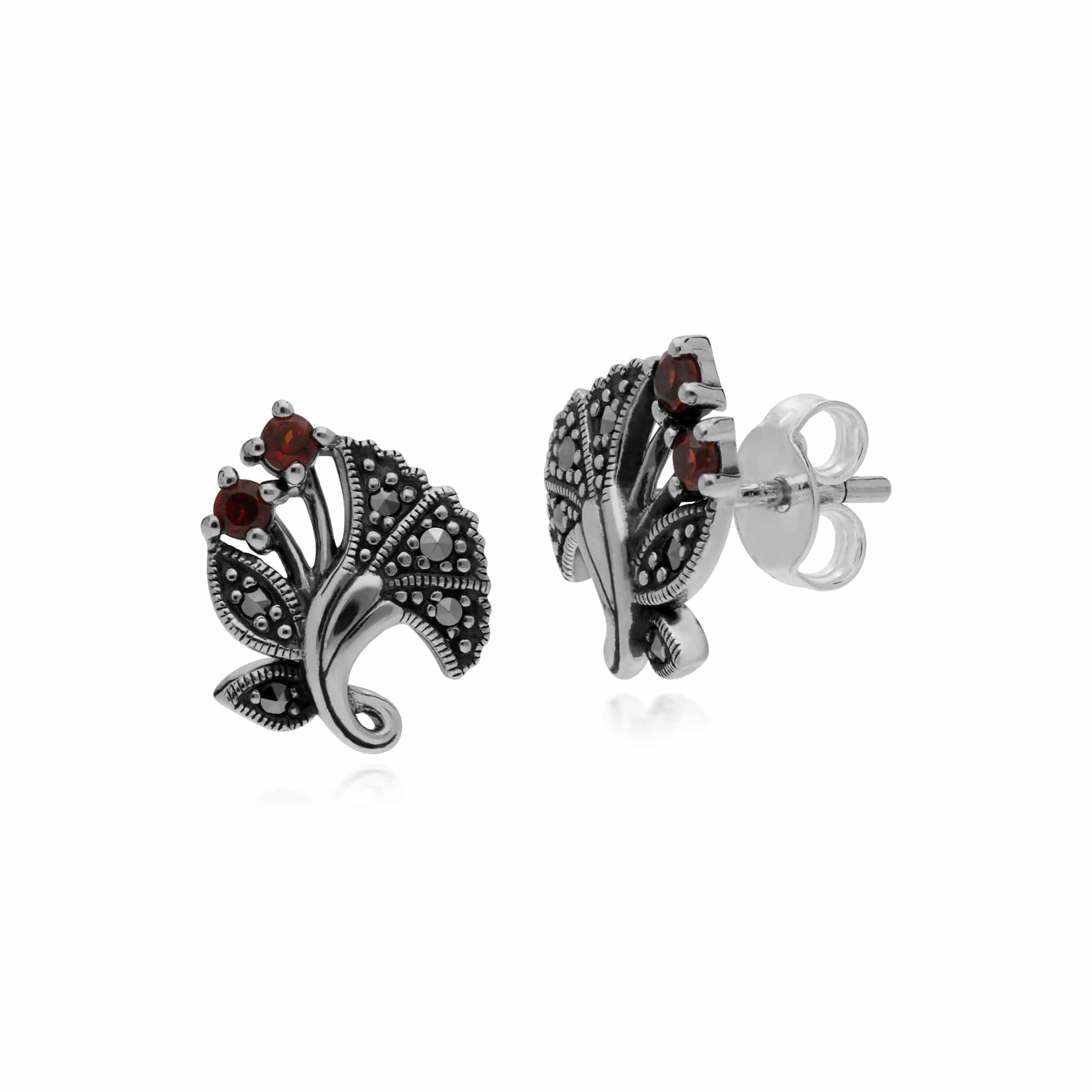 Gemondo Sterling Silver Garnet & Marcasite January Art Nouveau Stud Earrings - Gemondo