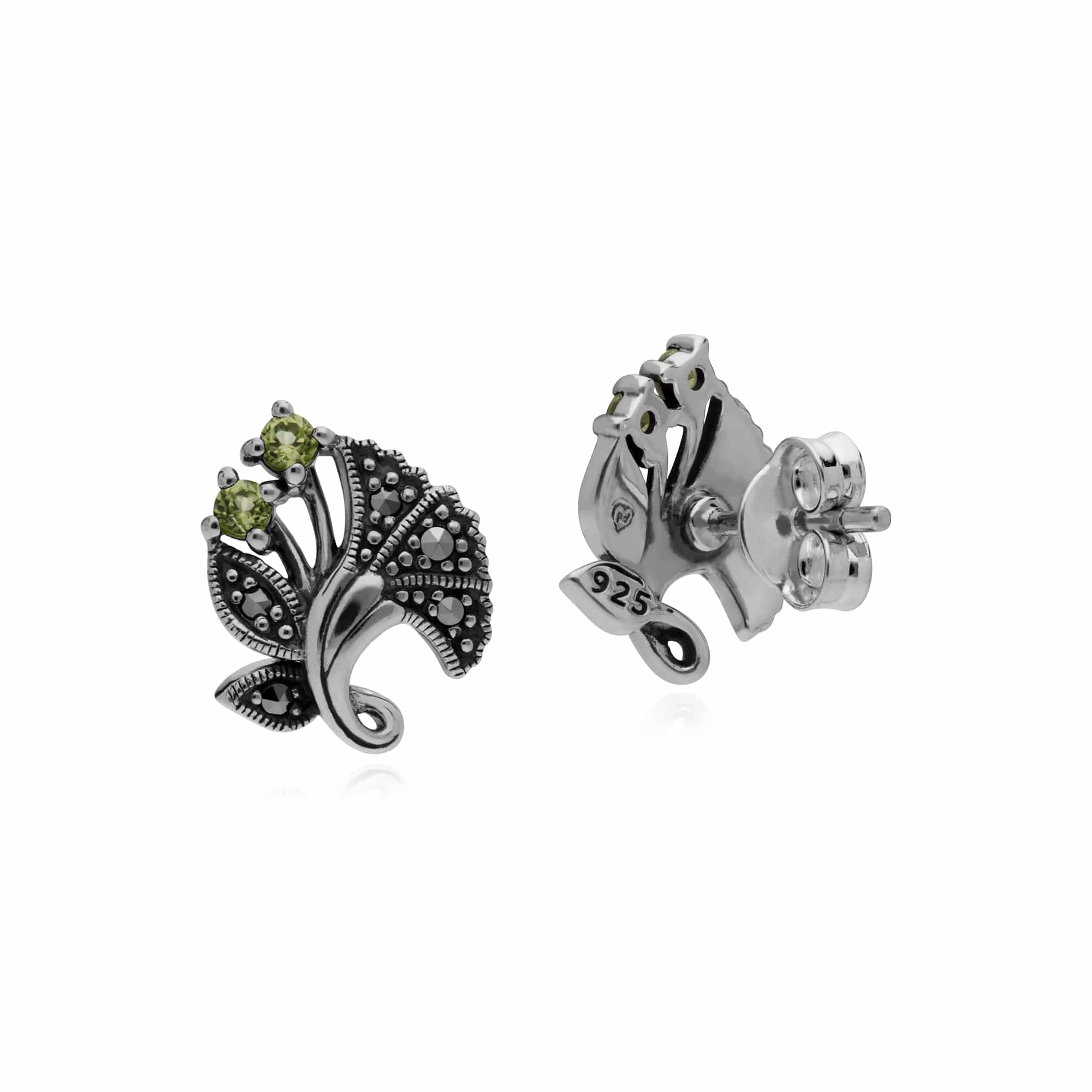 214E860504925 Gemondo Sterling Silver Peridot & Marcasite August Art Nouveau Stud Earrings 2