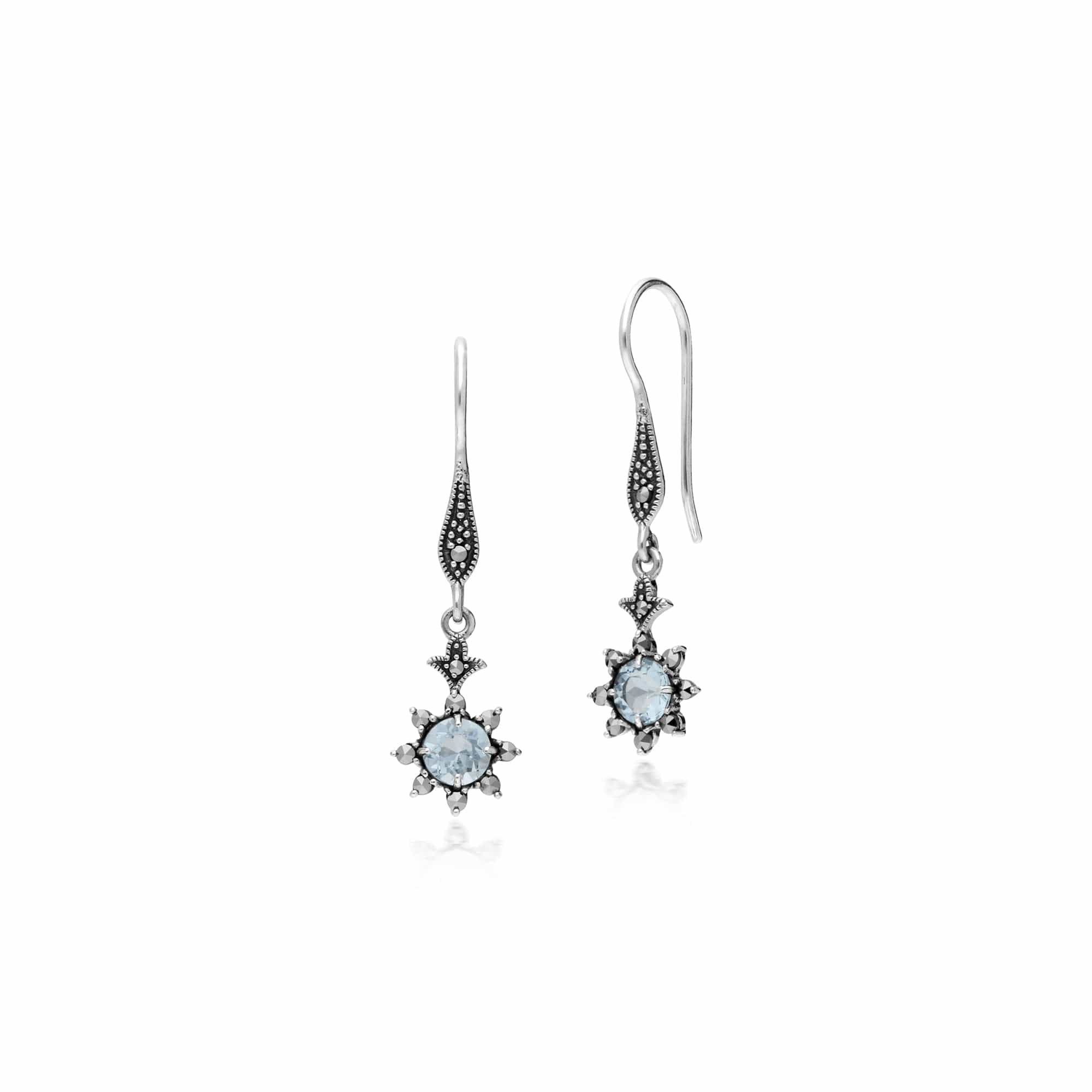 Floral Round Blue Topaz & Marcasite Drop Earrings in 925 Sterling Silver - Gemondo