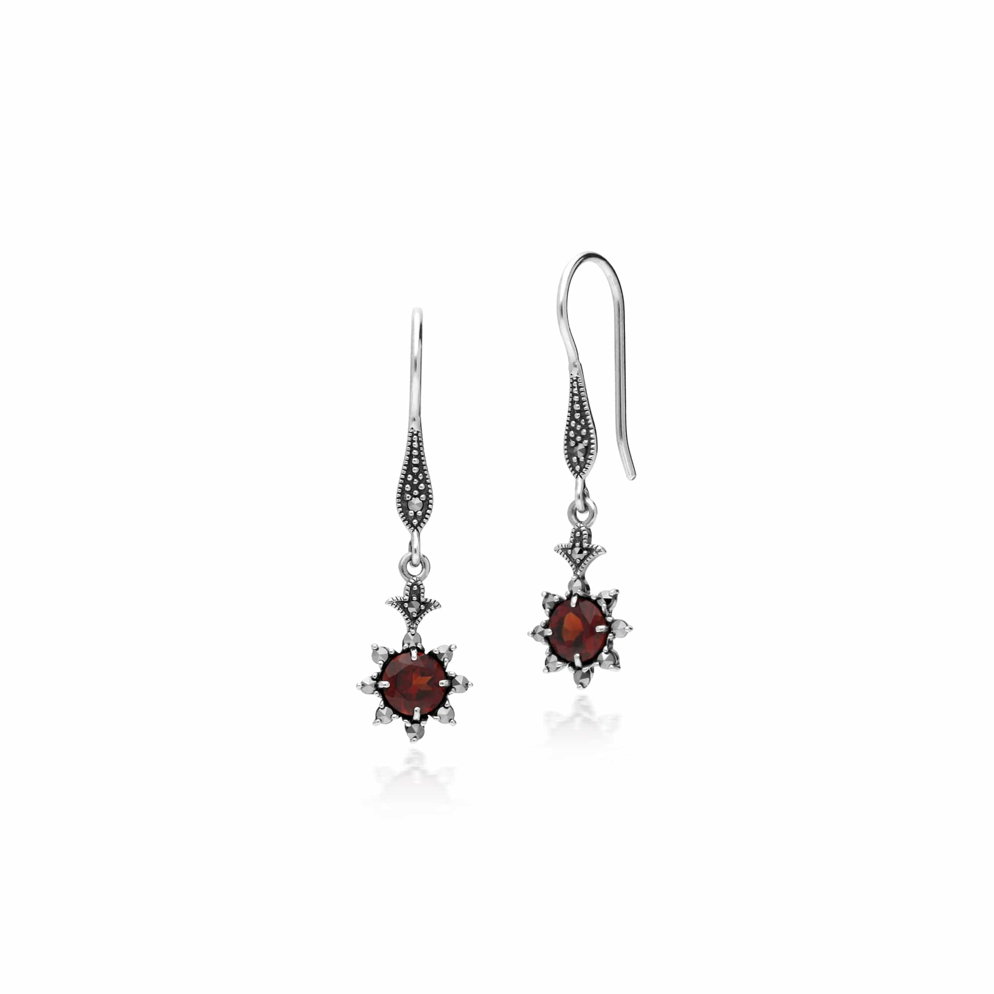 214E860603925 Floral Round Garnet & Marcasite Drop Earrings in 925 Sterling Silver 1