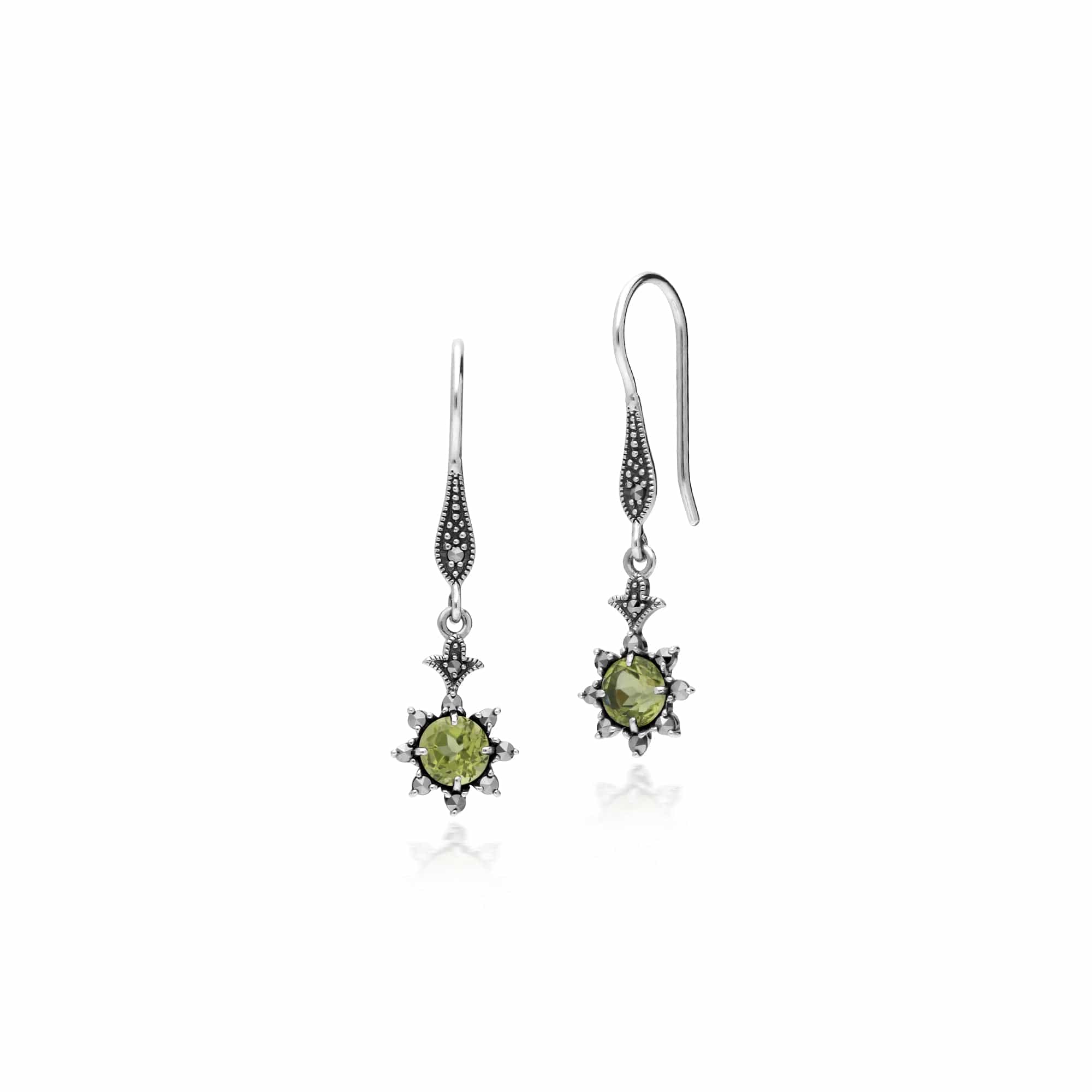 214E860604925 Floral Round Peridot & Marcasite Drop Earrings in 925 Sterling Silver 1