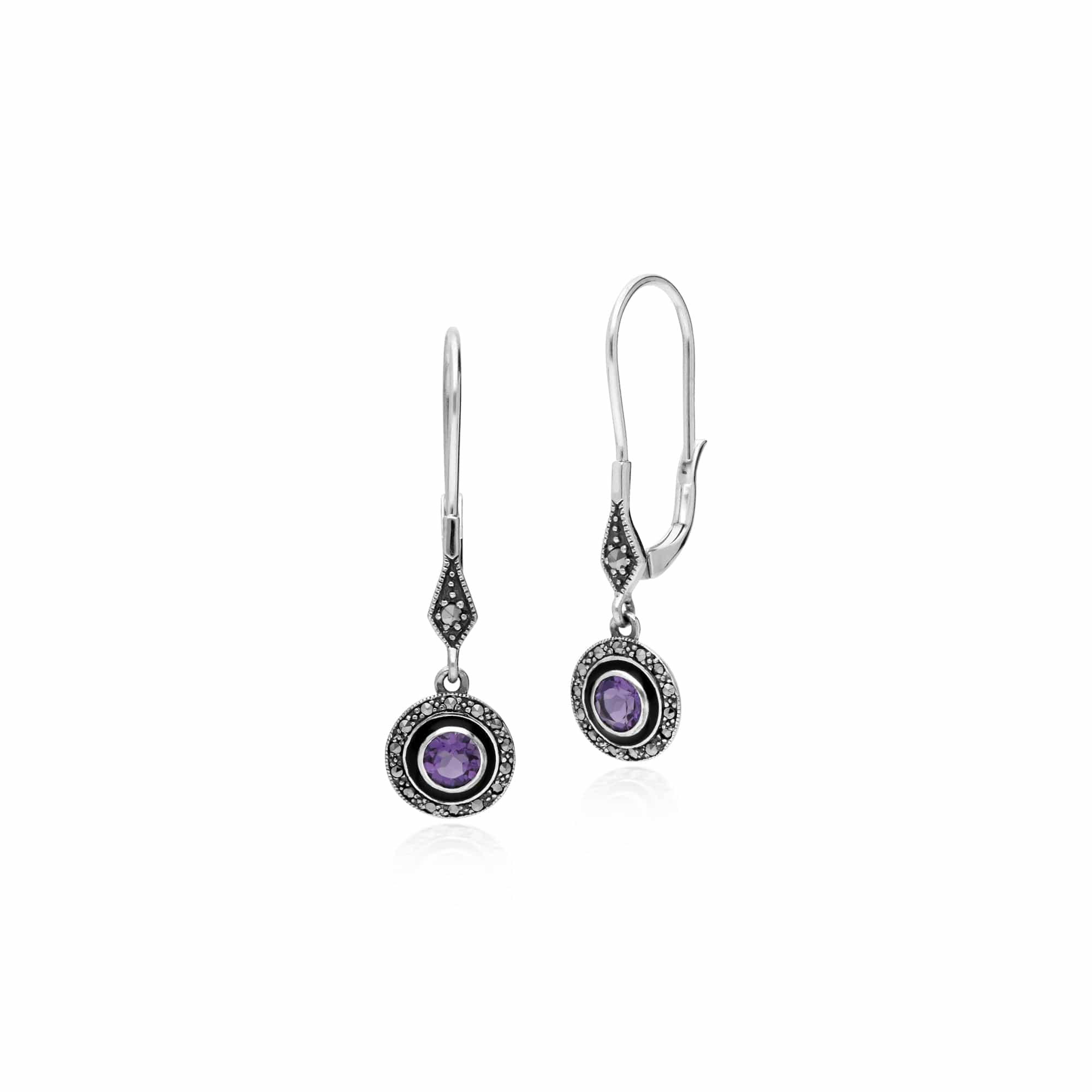 Art Deco Style Round Amethyst, Marcasite & Enamel Drop Earrings in 925 Sterling Silver - Gemondo