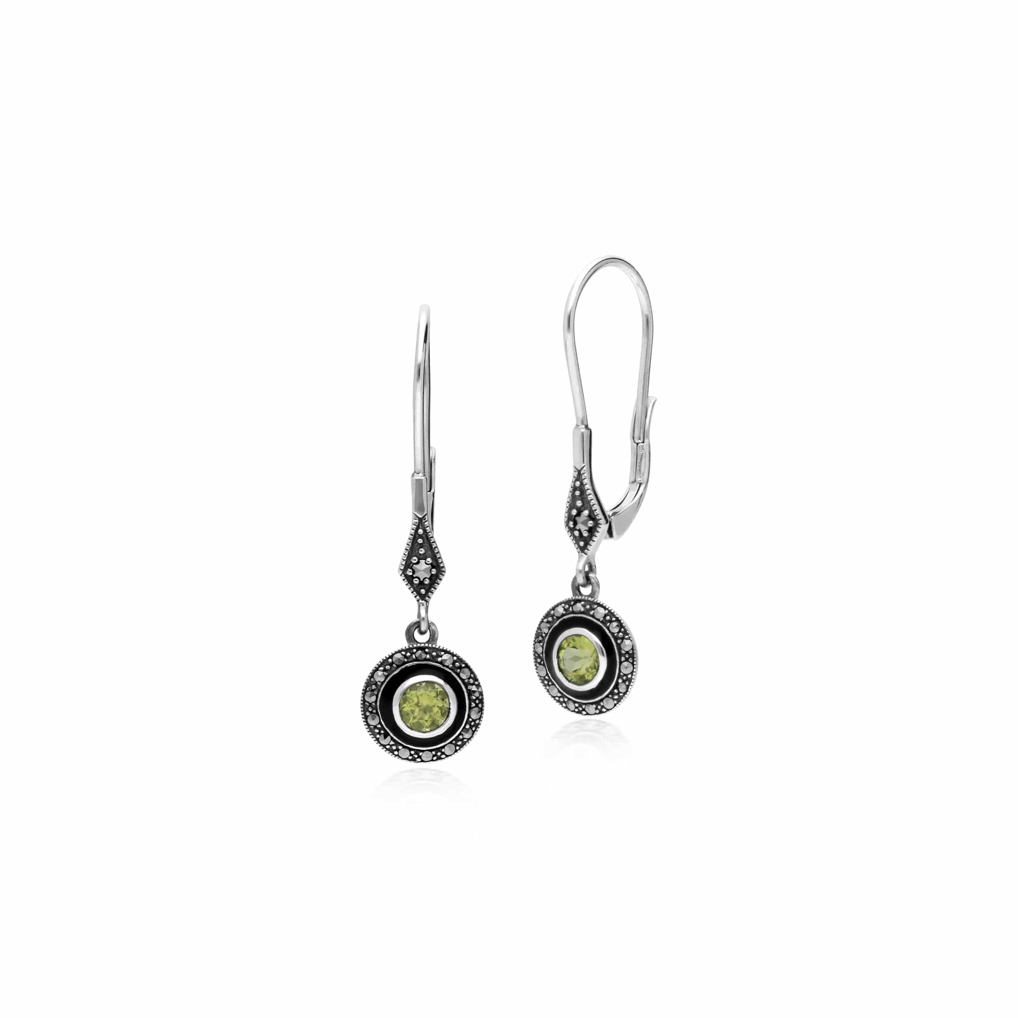 Art Deco Style Round Peridot, Marcasite & Enamel Drop Earrings in 925 Sterling Silver - Gemondo