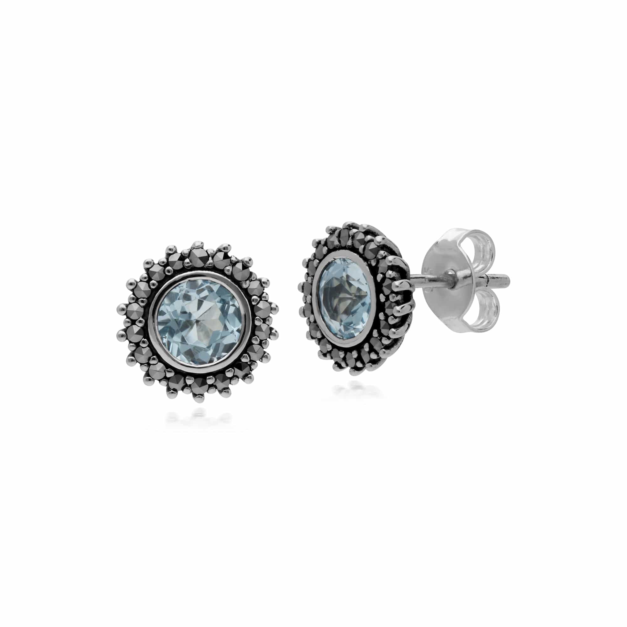 214E860801925 Sterling Silver Blue Topaz & Marcasite November Art Nouveau Stud Earrings 1