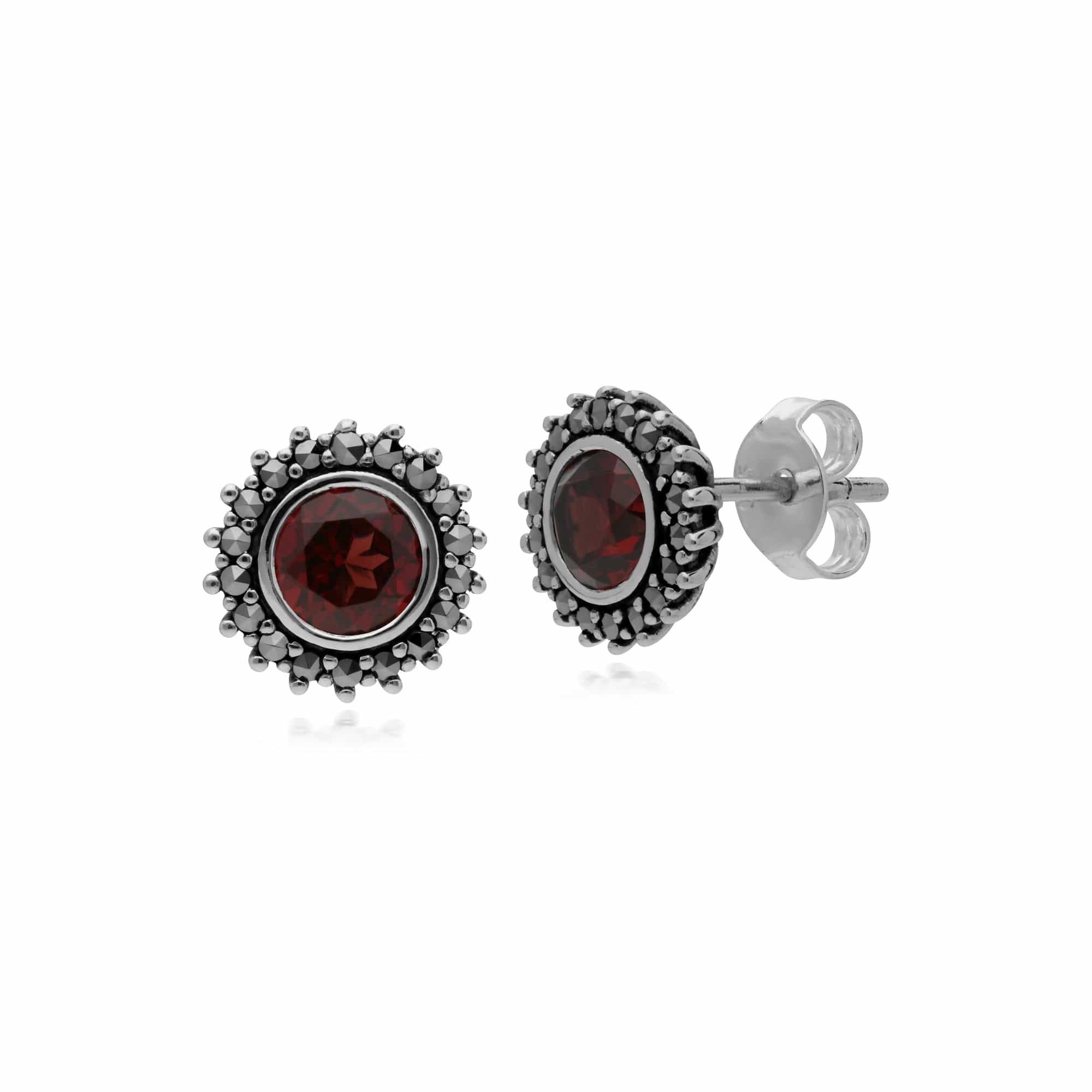 Art Deco Style Round Garnet & Marcasite Halo Stud Earrings in 925 Sterling Silver - Gemondo