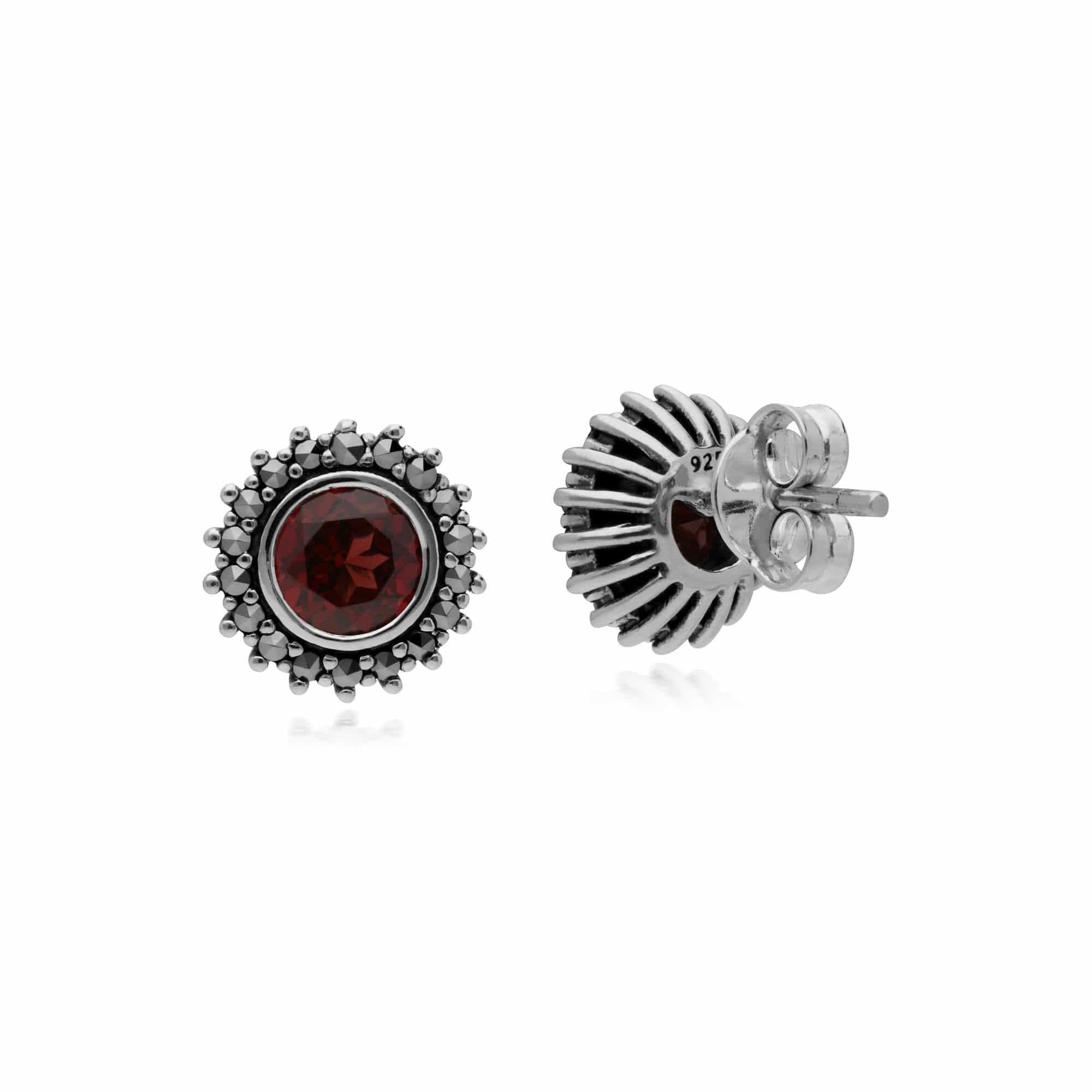 Art Deco Style Round Garnet & Marcasite Halo Stud Earrings in 925 Sterling Silver - Gemondo