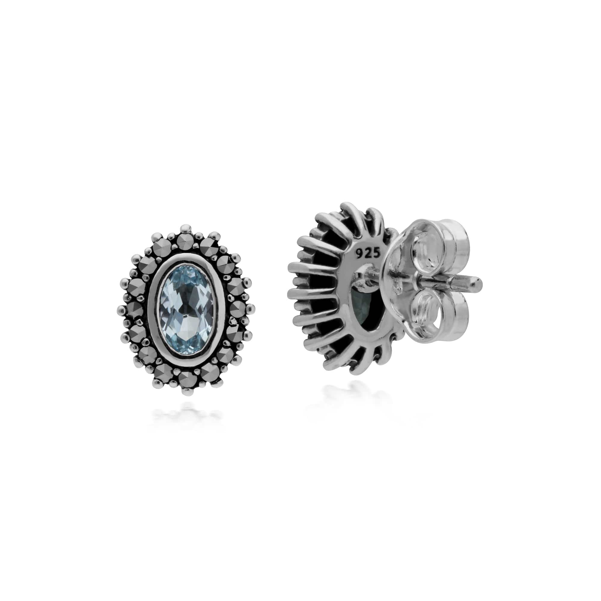 Sterling Silver Blue Topaz & Marcasite November Art Nouveau Stud Earrings - Gemondo